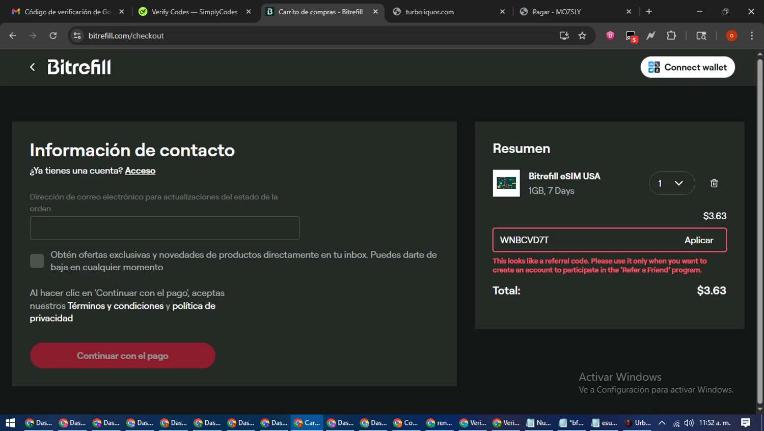 Bitrefill promo code screenshot showing code wnbcvd7t applied at Bitrefill checkout page. Uploaded by SimplyCodes community member WiseTracker2171 on Jul 25, 2025