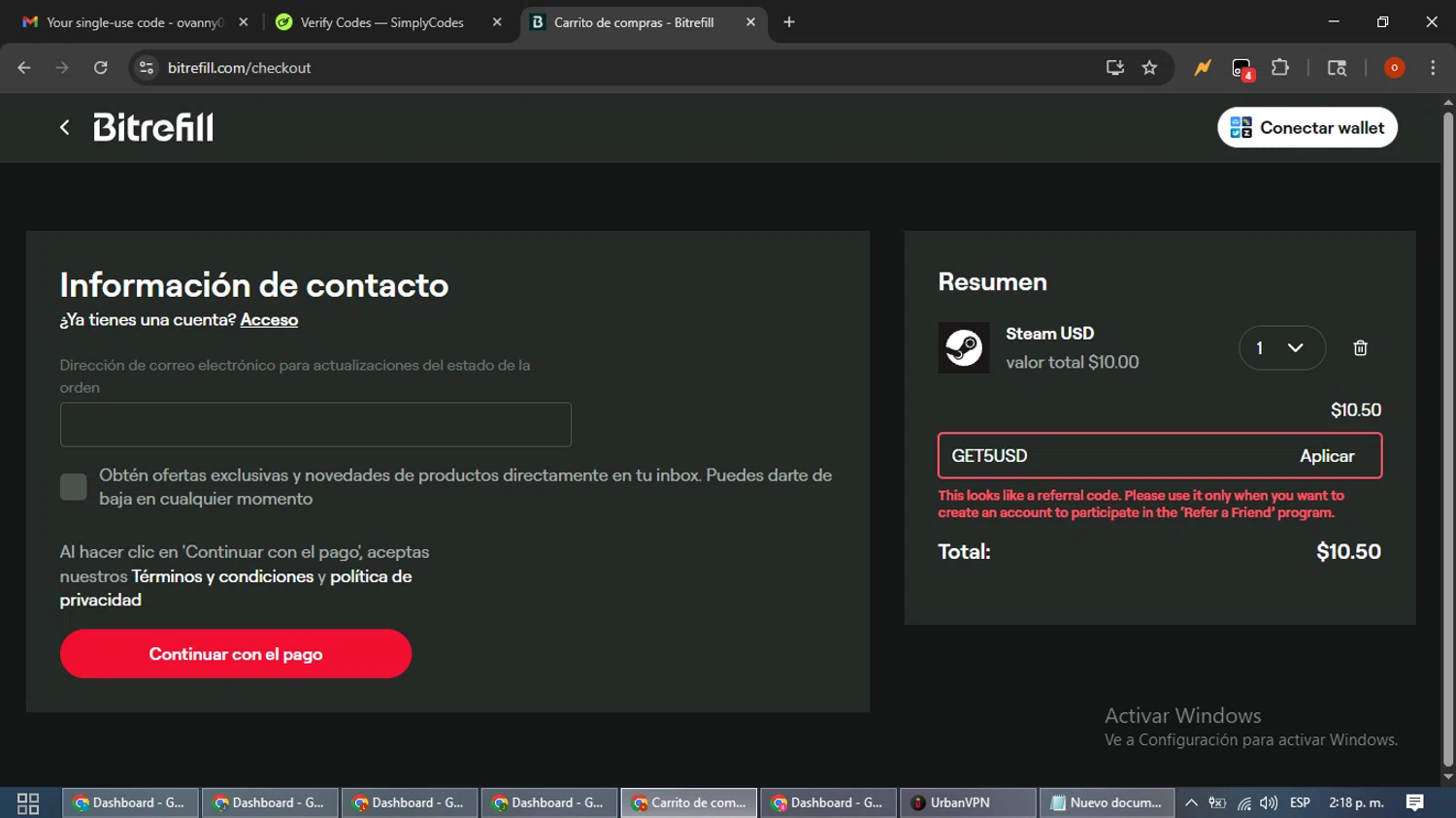 Bitrefill promo code screenshot showing code get5usd applied at Bitrefill checkout page. Uploaded by SimplyCodes community member WiseTracker2171 on Nov 4, 2025