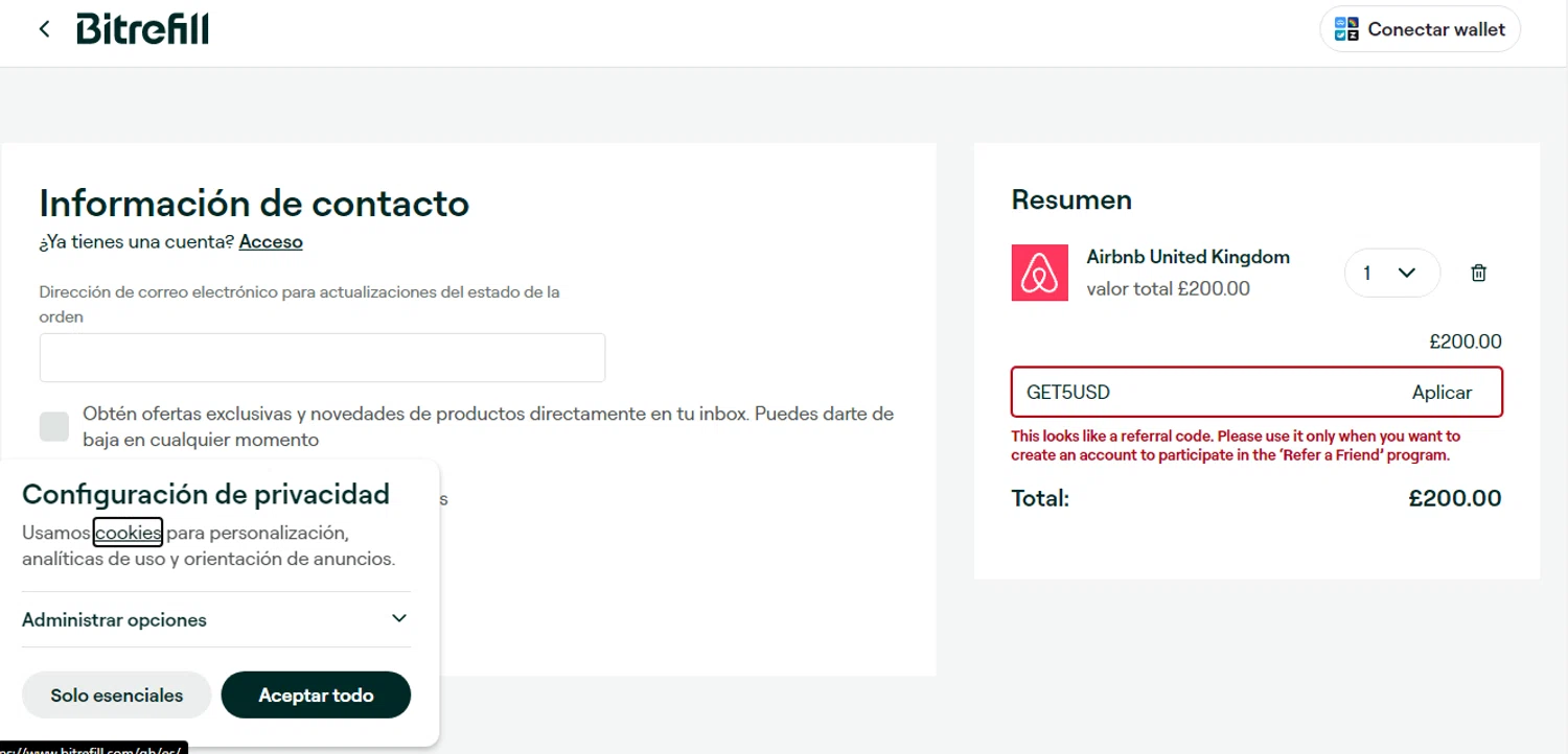 Bitrefill promo code screenshot showing code get5usd applied at Bitrefill checkout page. Uploaded by SimplyCodes community member johnenrique on Nov 4, 2025