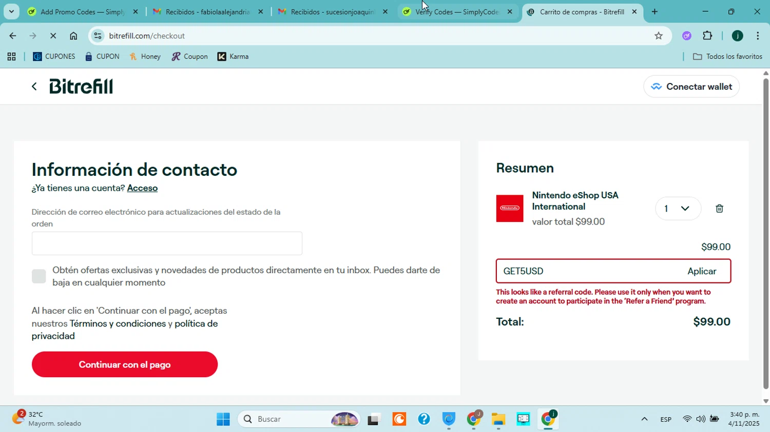 Bitrefill promo code screenshot showing code get5usd applied at Bitrefill checkout page. Uploaded by SimplyCodes community member jorgejavierherrera on Nov 4, 2025