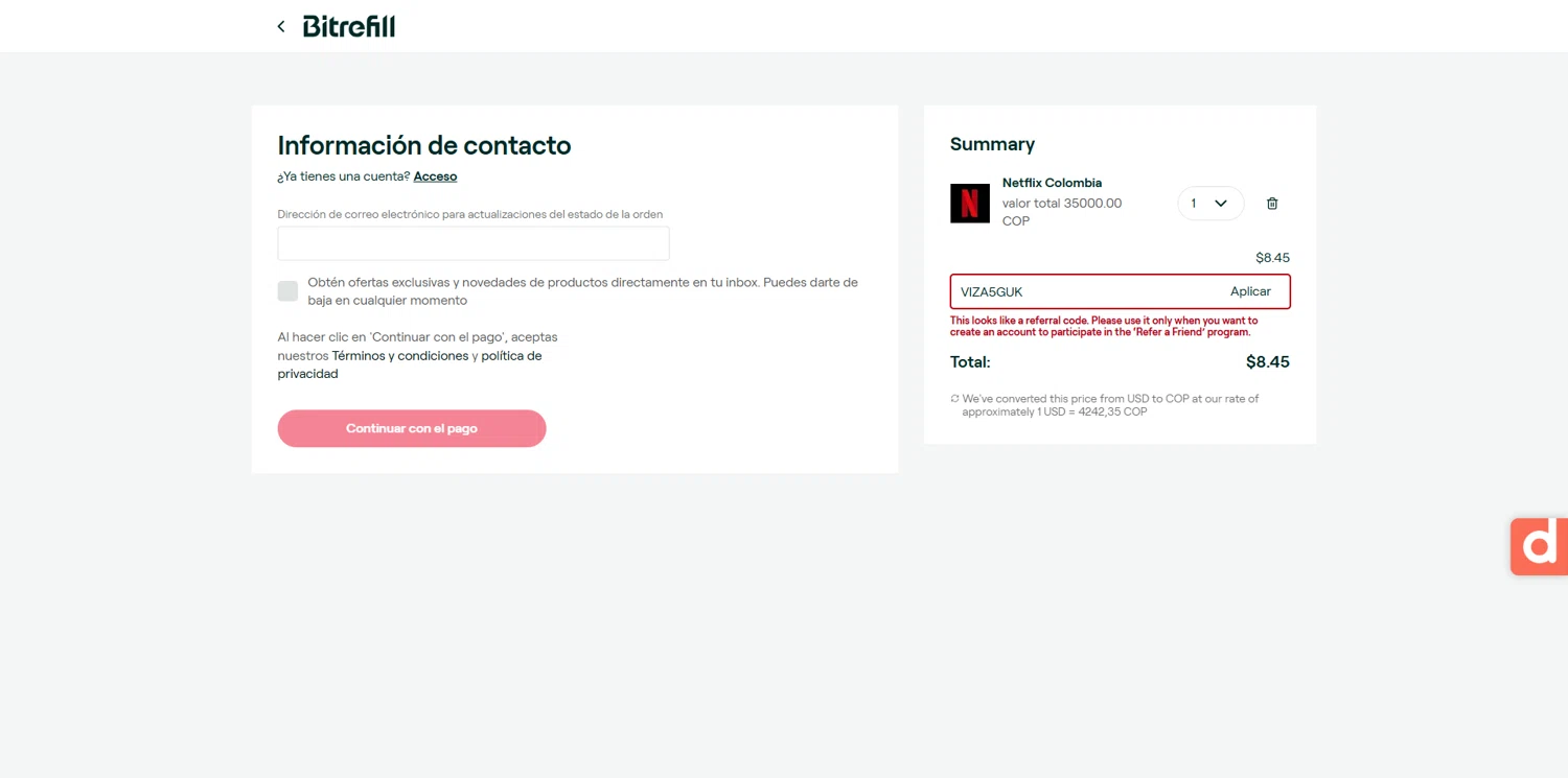 Bitrefill promo code screenshot showing code VIZA5GUK applied at Bitrefill checkout page. Uploaded by SimplyCodes community member Dorothy on May 2, 2025