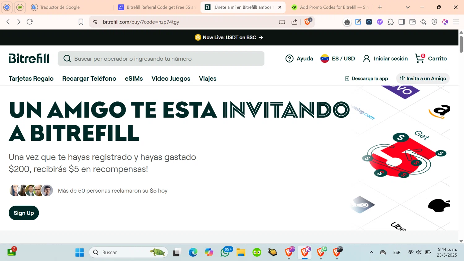 Bitrefill promo code screenshot showing code nzp74tgy applied at Bitrefill checkout page. Uploaded by SimplyCodes community member cosita on May 24, 2025