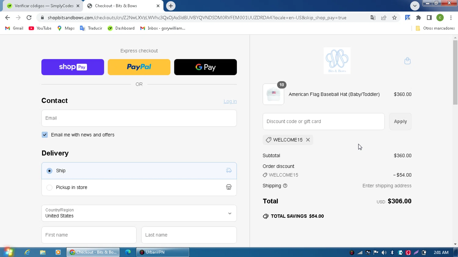 Bits & Bows promo code screenshot showing code WELCOME15 applied at Bits & Bows checkout page. Uploaded by SimplyCodes community member MagnificentPilot8371 on May 28, 2025