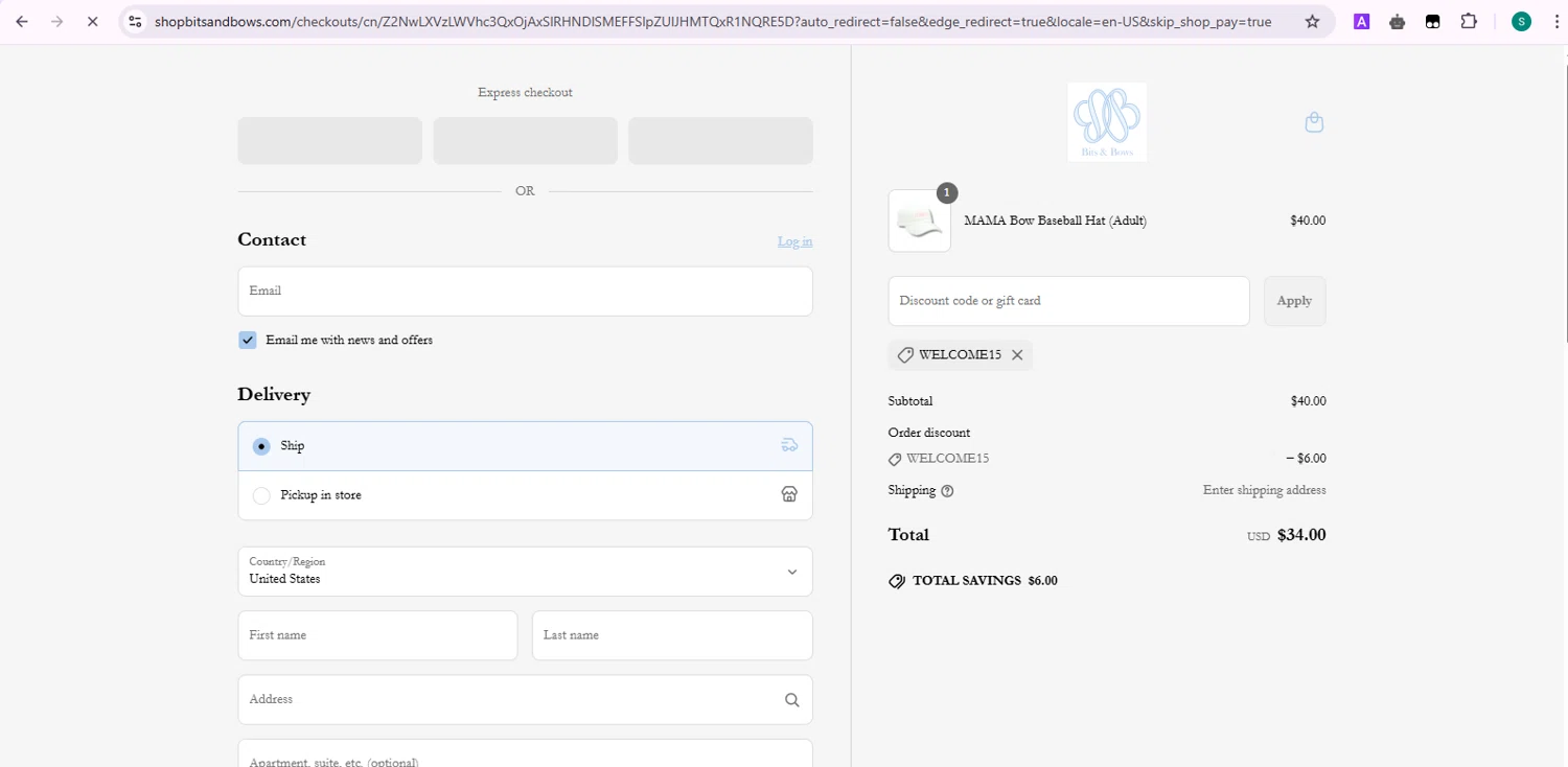 Bits & Bows promo code screenshot showing code WELCOME15 applied at Bits & Bows checkout page. Uploaded by SimplyCodes community member Samu10 on May 5, 2025