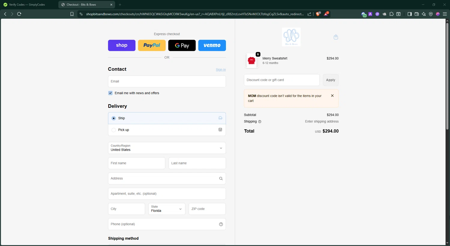 Bits & Bows checkout page showing Bits & Bows promo code box | Screenshot taken by SimplyCodes community member on Dec 28, 2025