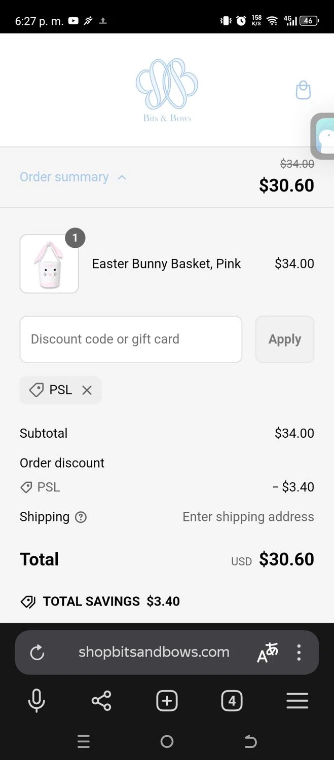 Bits & Bows promo code screenshot showing code PSL applied at Bits & Bows checkout page. Uploaded by SimplyCodes community member SmartScholar9589 on Mar 5, 2025