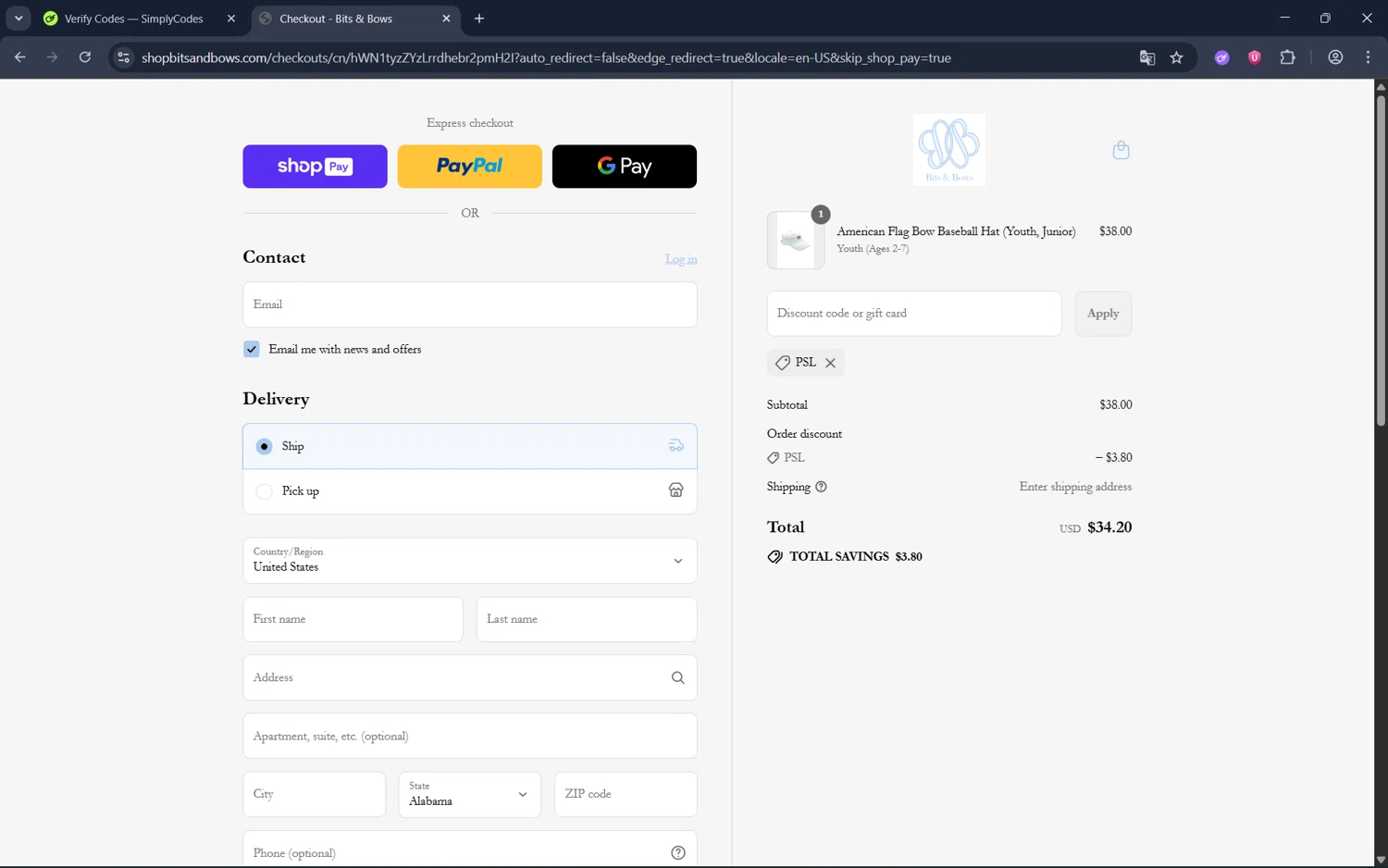 Bits & Bows promo code screenshot showing code PSL applied at Bits & Bows checkout page. Uploaded by SimplyCodes community member juan1702 on Aug 17, 2025