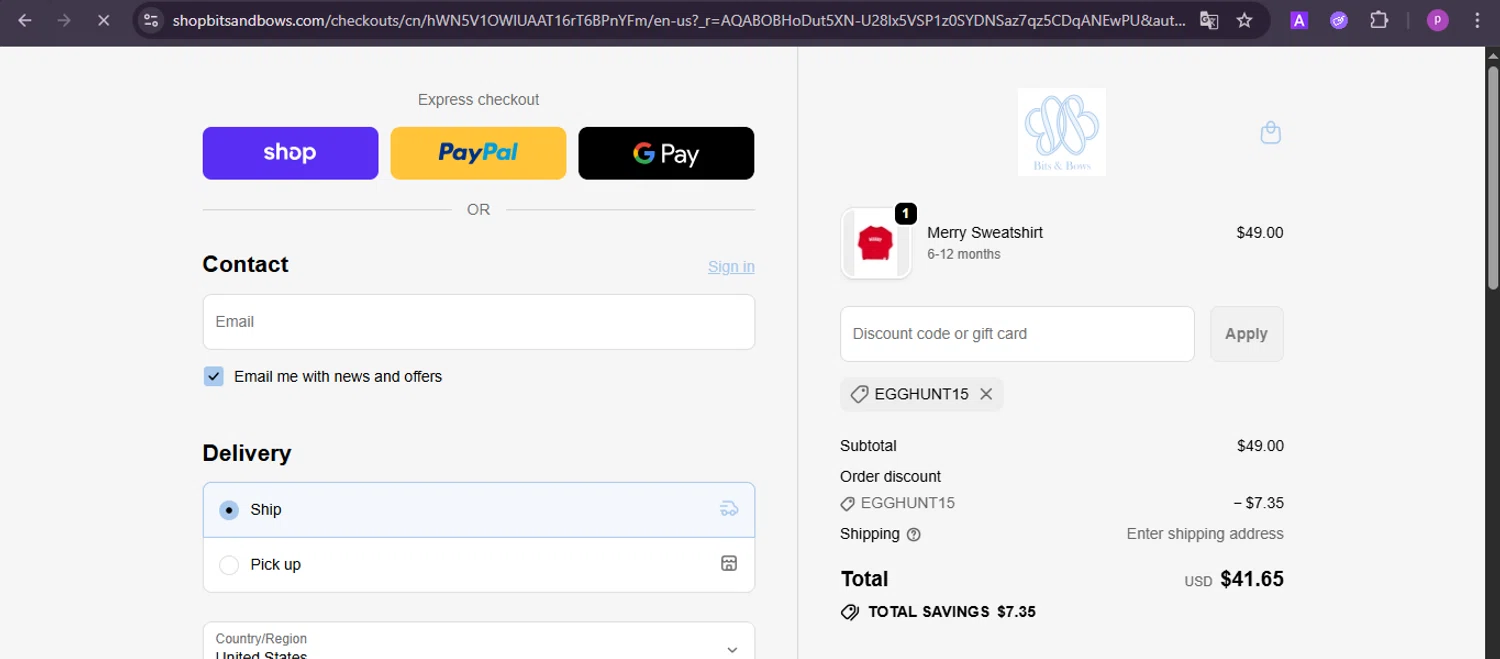 Bits & Bows promo code screenshot showing code EGGHUNT15 applied at Bits & Bows checkout page. Uploaded by SimplyCodes community member firoas on Nov 20, 2025