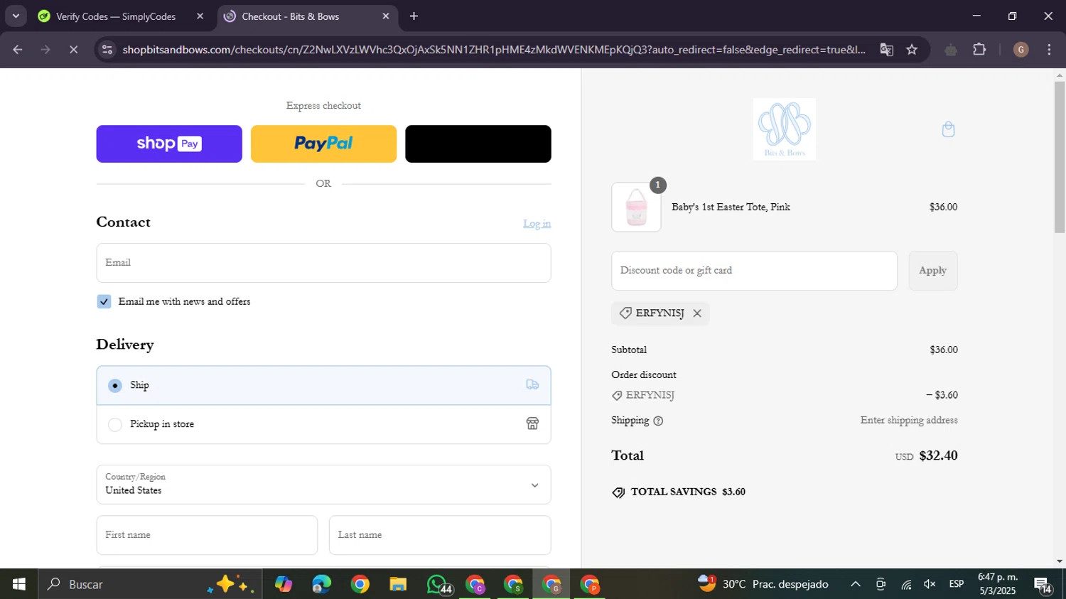 Bits & Bows promo code screenshot showing code erfynisj applied at Bits & Bows checkout page. Uploaded by SimplyCodes community member BrilliantTracker4207 on Mar 5, 2025