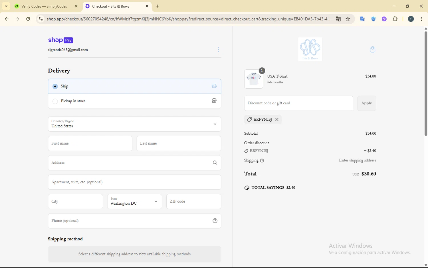 Bits & Bows promo code screenshot showing code erfynisj applied at Bits & Bows checkout page. Uploaded by SimplyCodes community member SmartElite7457 on Jun 22, 2025