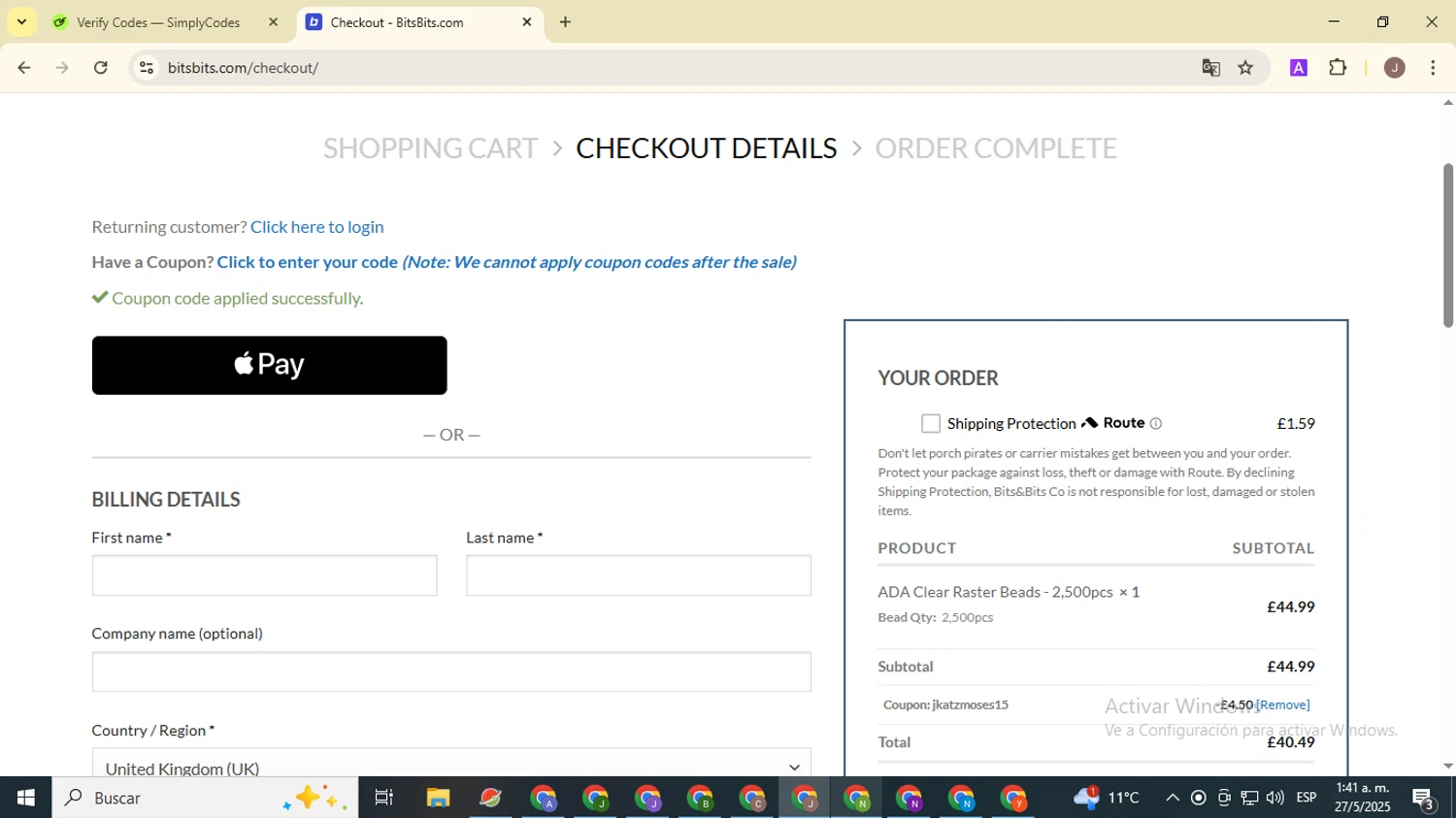 Bits & Bits Company promo code screenshot showing code JKATZMOSES15 applied at Bits & Bits Company checkout page. Uploaded by SimplyCodes community member ValiantHero2365 on May 27, 2025