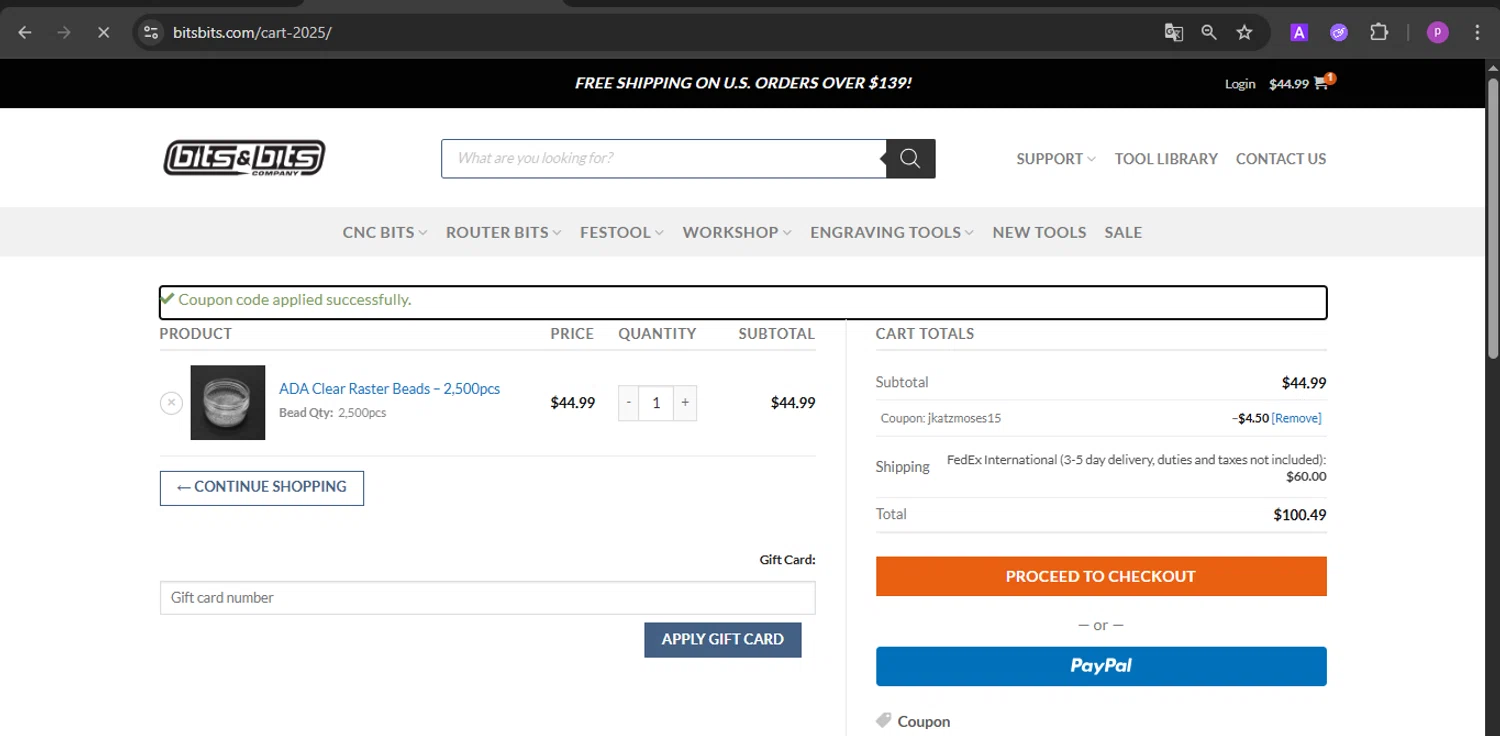 Bits & Bits Company promo code screenshot showing code JKATZMOSES15 applied at Bits & Bits Company checkout page. Uploaded by SimplyCodes community member firoas on Jun 10, 2025