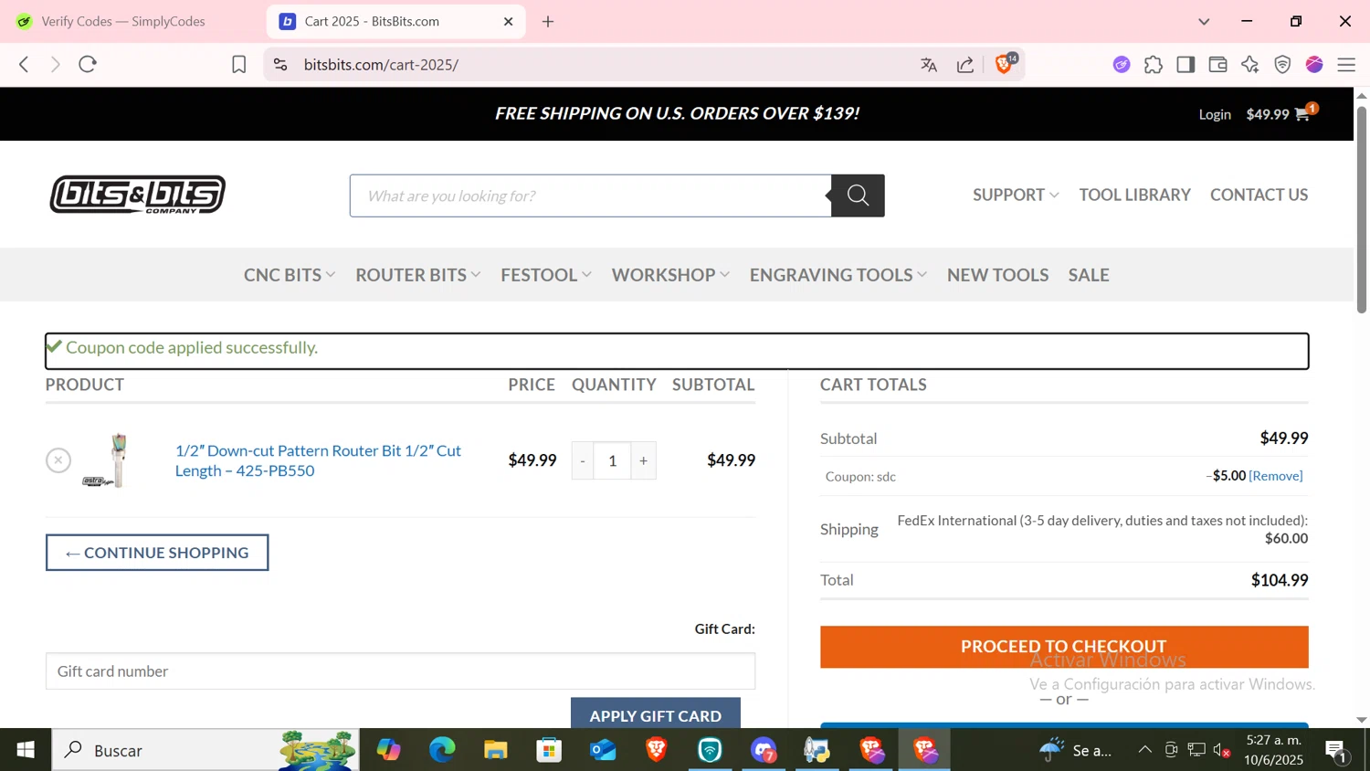Bits & Bits Company promo code screenshot showing code SDC applied at Bits & Bits Company checkout page. Uploaded by SimplyCodes community member CODMOBILE2 on Jun 10, 2025