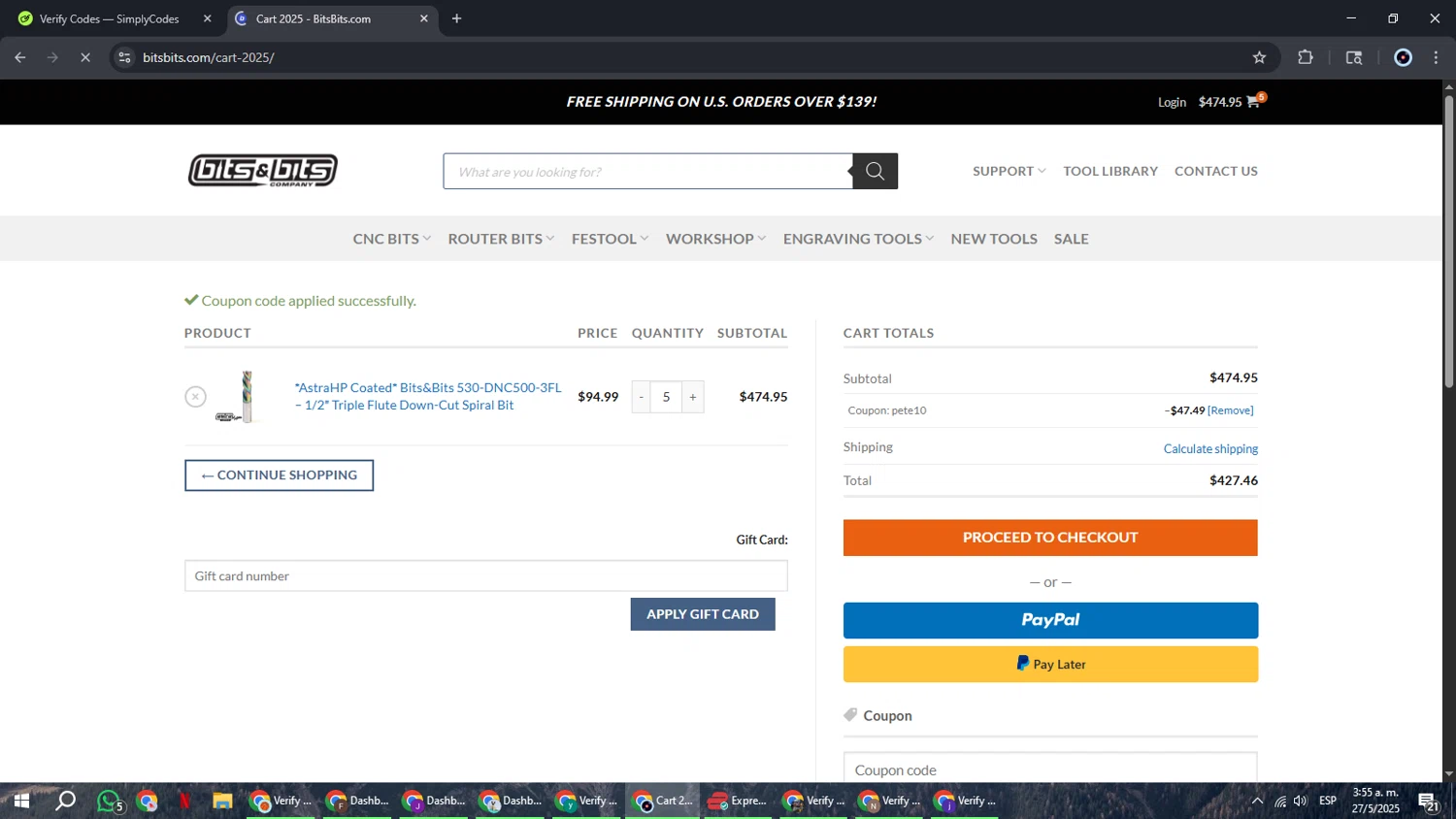 Bits & Bits Company promo code screenshot showing code Pete10 applied at Bits & Bits Company checkout page. Uploaded by SimplyCodes community member RoyalBoss4384 on May 27, 2025