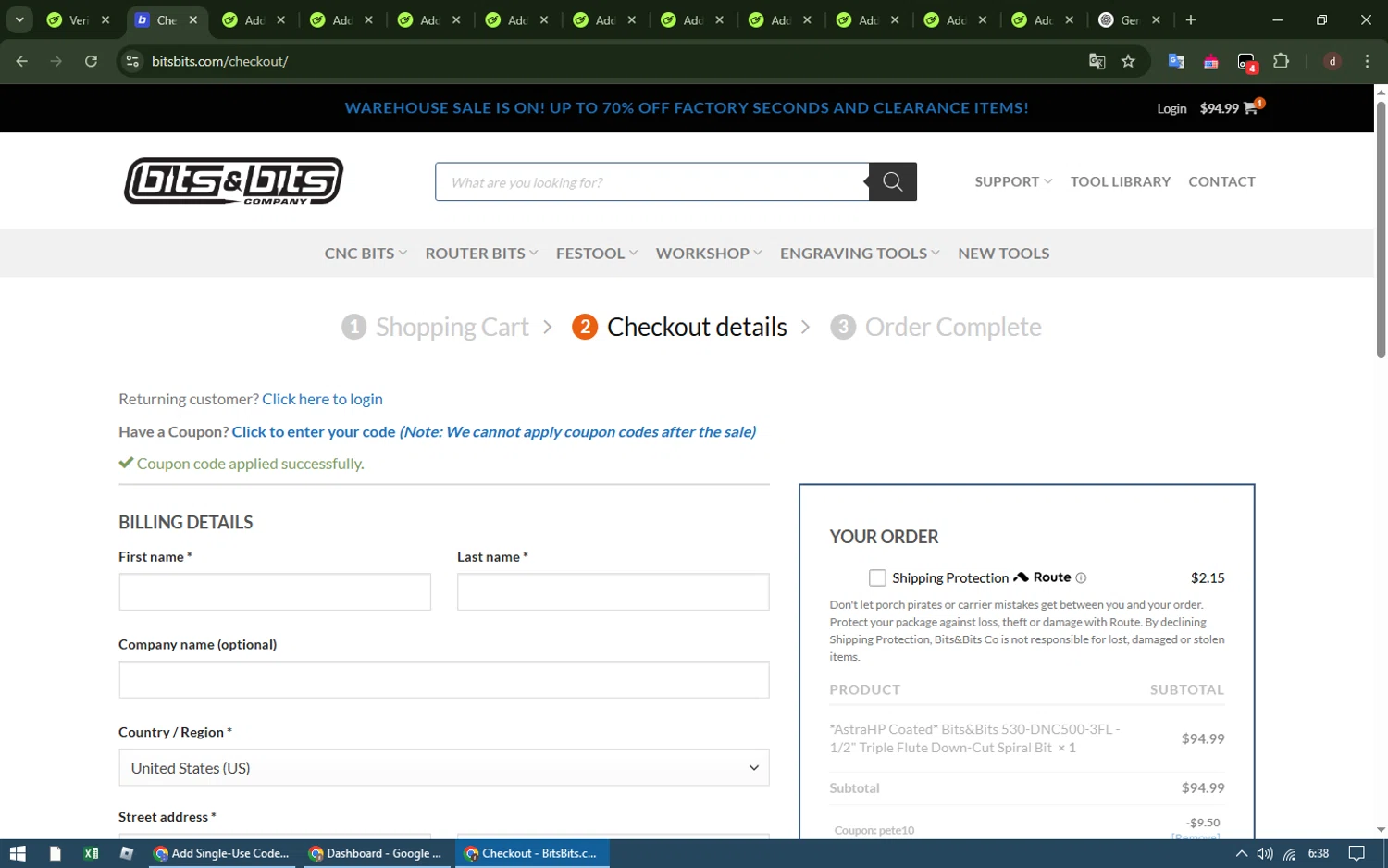 Bits & Bits Company promo code screenshot showing code Pete10 applied at Bits & Bits Company checkout page. Uploaded by SimplyCodes community member moanaaa on Apr 8, 2025