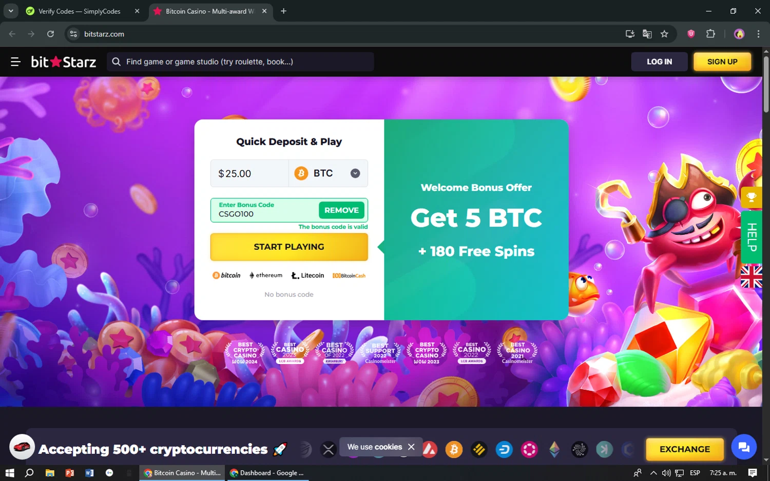 BitStarz promo code screenshot showing code CSGO100 applied at BitStarz checkout page. Uploaded by SimplyCodes community member TreasureShopper9156 on Aug 29, 2025