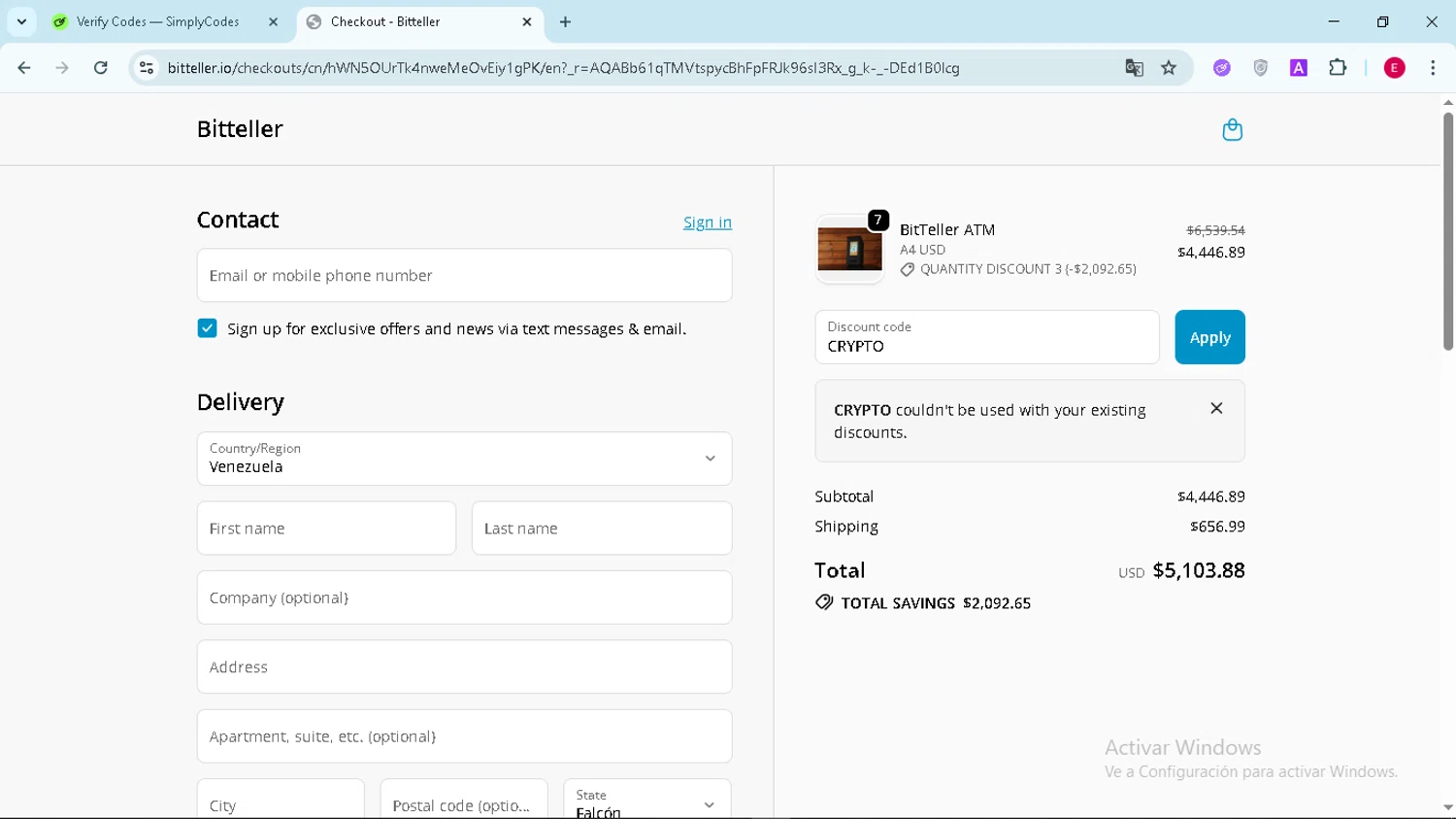 BitTeller promo code screenshot showing code CRYPTO applied at BitTeller checkout page. Uploaded by SimplyCodes community member Arambulet on Nov 17, 2025