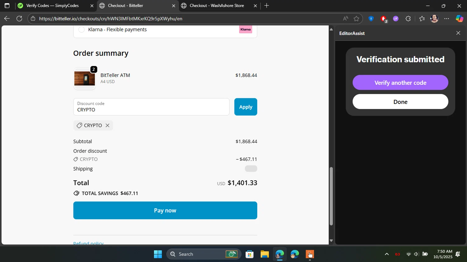 BitTeller promo code screenshot showing code CRYPTO applied at BitTeller checkout page. Uploaded by SimplyCodes community member Blackleg_Sanji on Oct 5, 2025