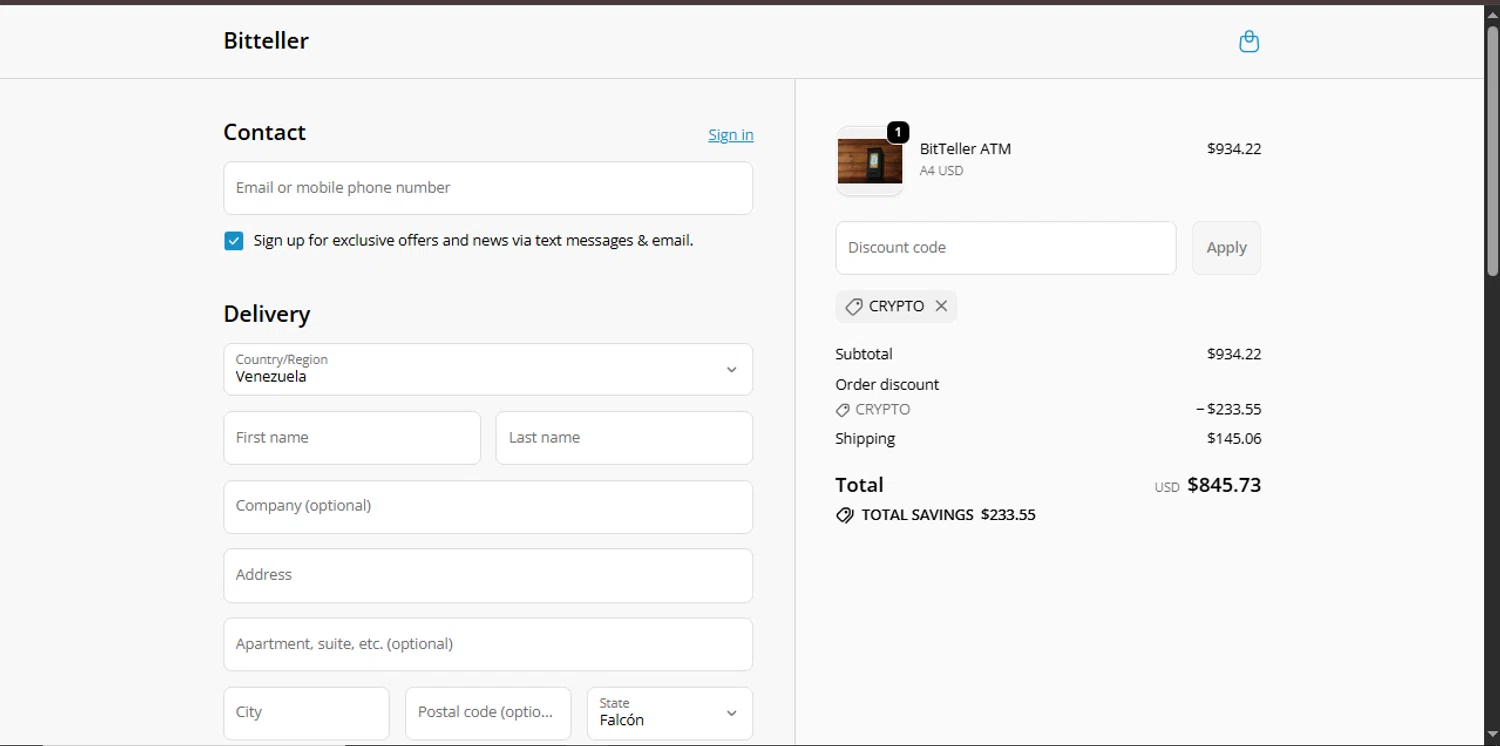 BitTeller promo code screenshot showing code CRYPTO applied at BitTeller checkout page. Uploaded by SimplyCodes community member Xiooh29 on Nov 22, 2025