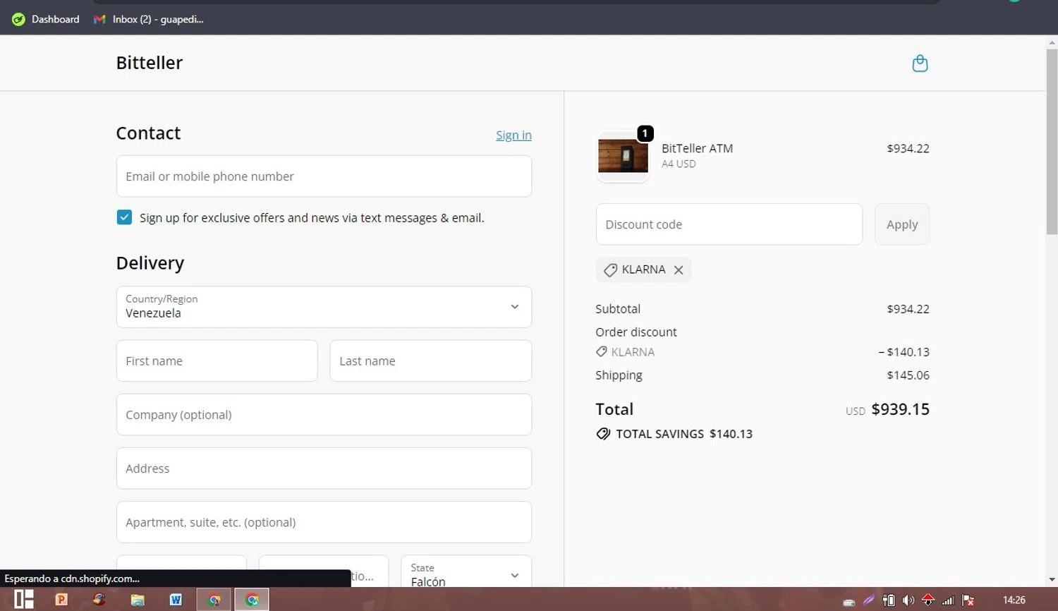 BitTeller promo code screenshot showing code KLARNA applied at BitTeller checkout page. Uploaded by SimplyCodes community member PaticoBel on Oct 13, 2025