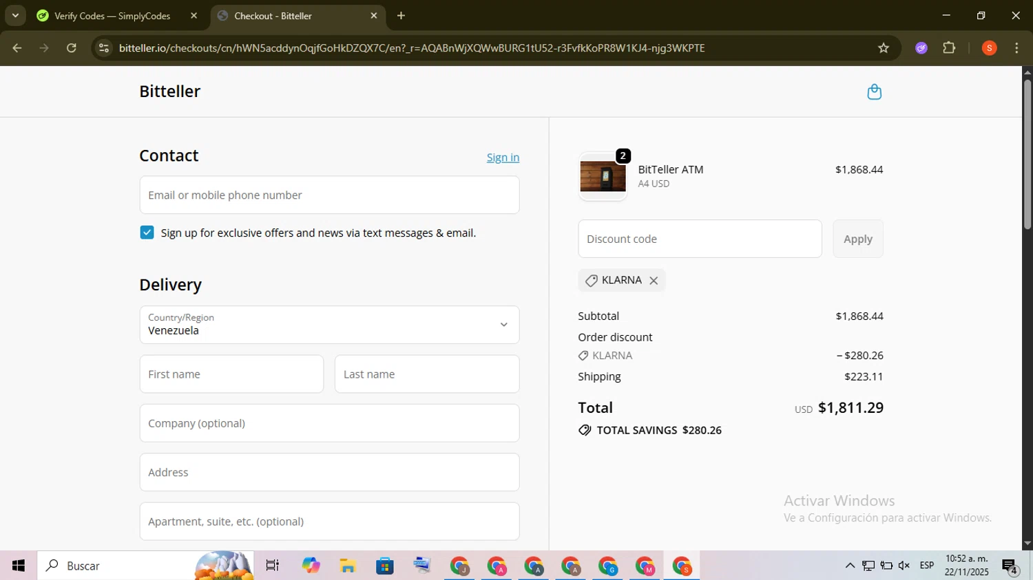 BitTeller promo code screenshot showing code KLARNA applied at BitTeller checkout page. Uploaded by SimplyCodes community member ScanKnight8857 on Nov 22, 2025
