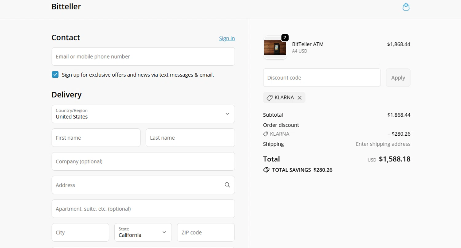 BitTeller promo code screenshot showing code KLARNA applied at BitTeller checkout page. Uploaded by SimplyCodes community member ThriftyShopper3669 on Oct 13, 2025
