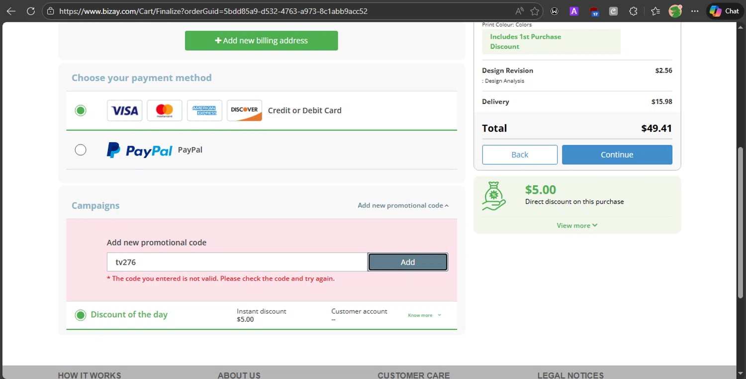 BIZAY promo code screenshot showing code tv276 applied at BIZAY checkout page. Uploaded by SimplyCodes community member PrincessCoupon on Feb 2, 2026