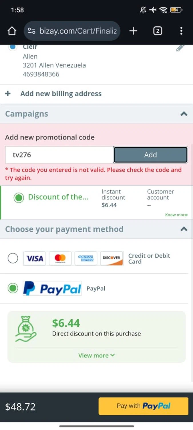BIZAY promo code screenshot showing code tv276 applied at BIZAY checkout page. Uploaded by SimplyCodes community member RoyalSpotter5217 on Feb 2, 2026