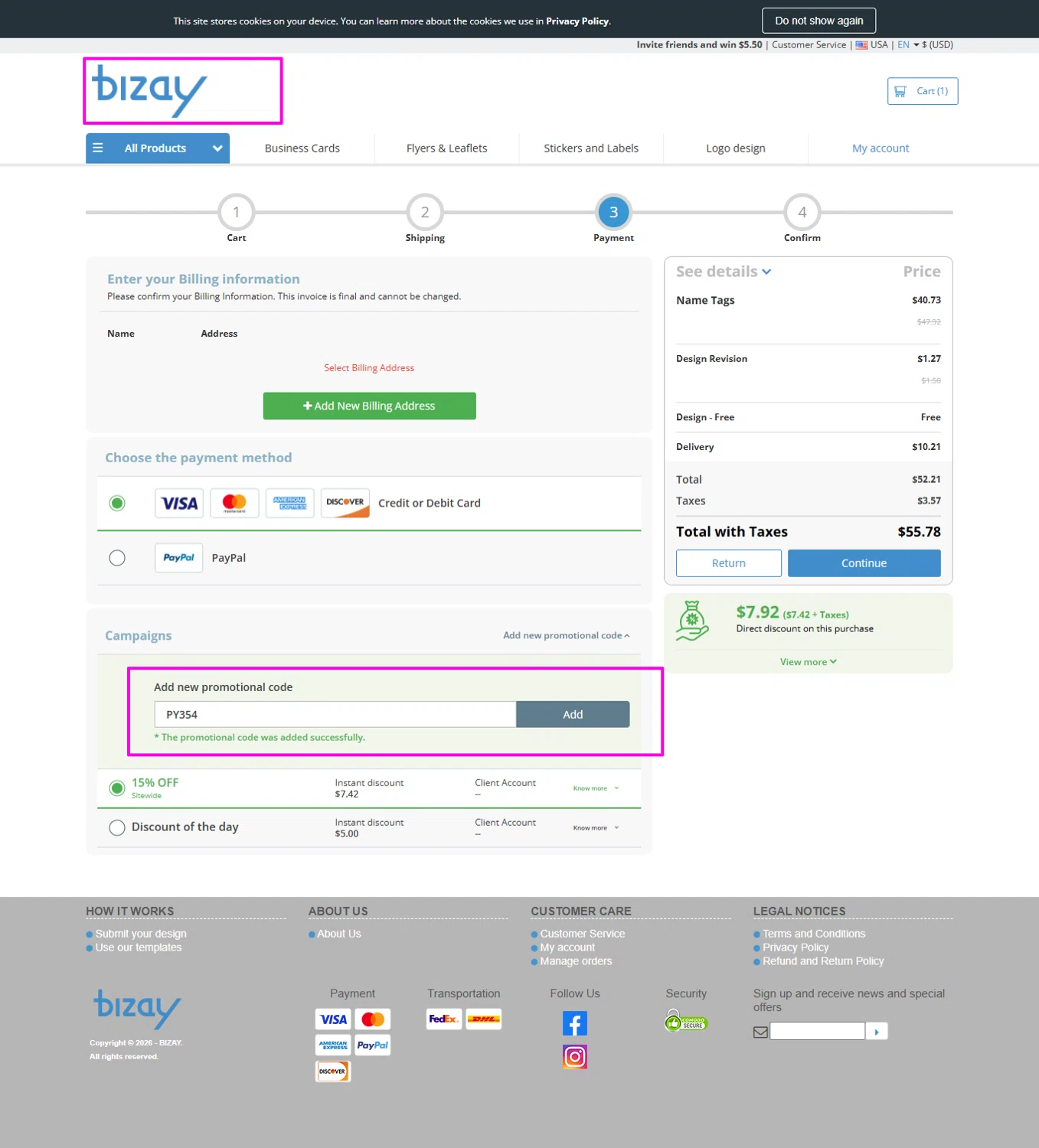 BIZAY promo code screenshot showing code PY354 applied at BIZAY checkout page. Uploaded by SimplyCodes community member mrdarcy on Jan 10, 2026