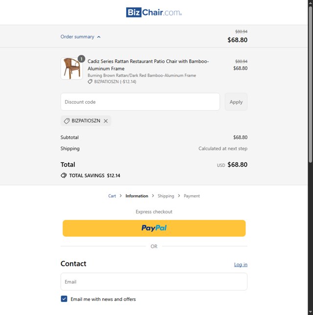 BizChair checkout page showing BizChair promo code box | Screenshot taken by SimplyCodes community member on Aug 26, 2025
