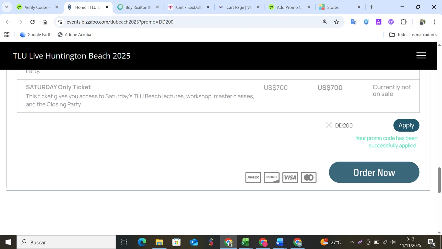 Bizzabo promo code screenshot showing code DD200 applied at Bizzabo checkout page. Uploaded by SimplyCodes community member NobleMonarch5837 on Nov 11, 2025