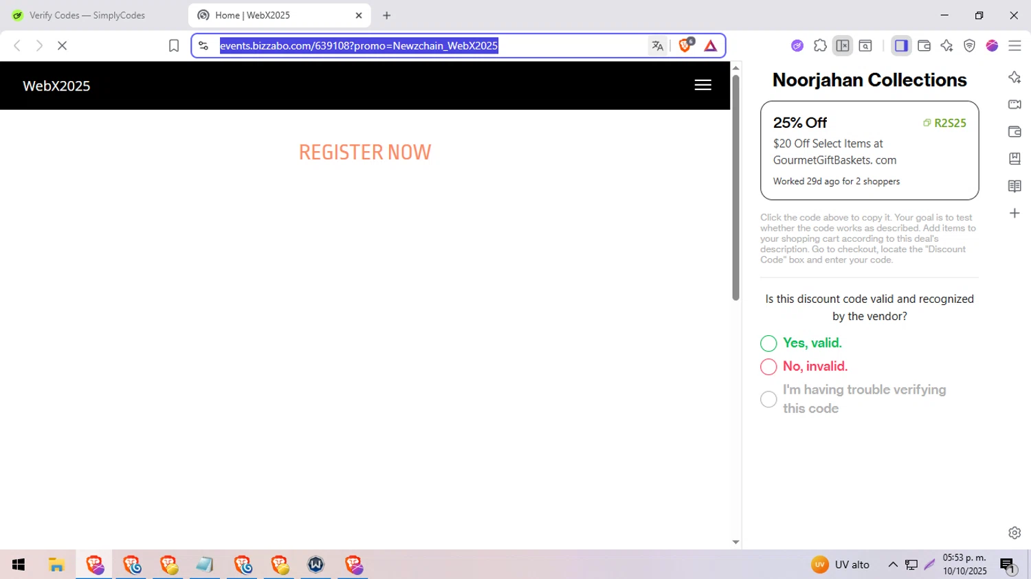 Bizzabo promo code screenshot showing code Newzchain_WebX2025 applied at Bizzabo checkout page. Uploaded by SimplyCodes community member BargainExpert9390 on Oct 10, 2025