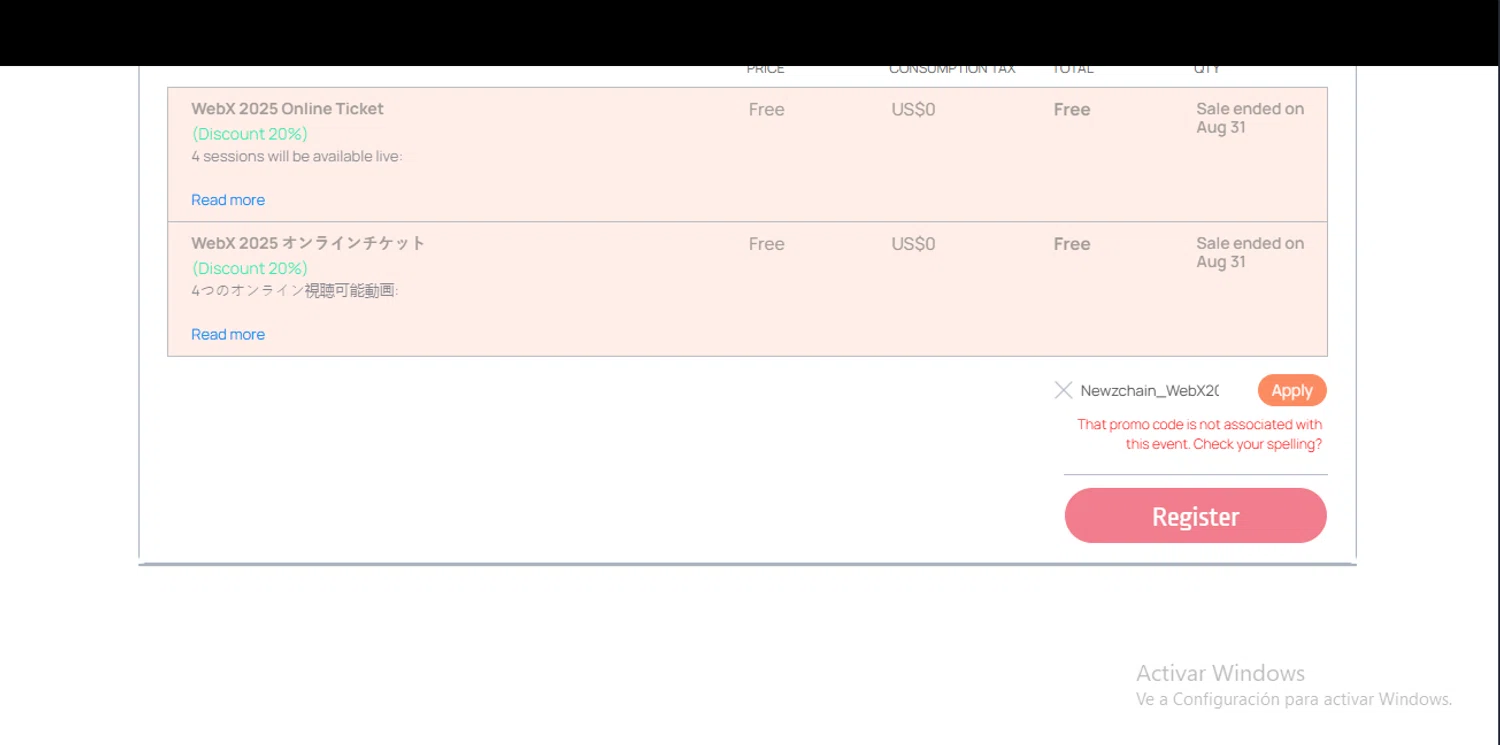 Bizzabo promo code screenshot showing code Newzchain_WebX2025 applied at Bizzabo checkout page. Uploaded by SimplyCodes community member RewardLynx9164 on Oct 10, 2025