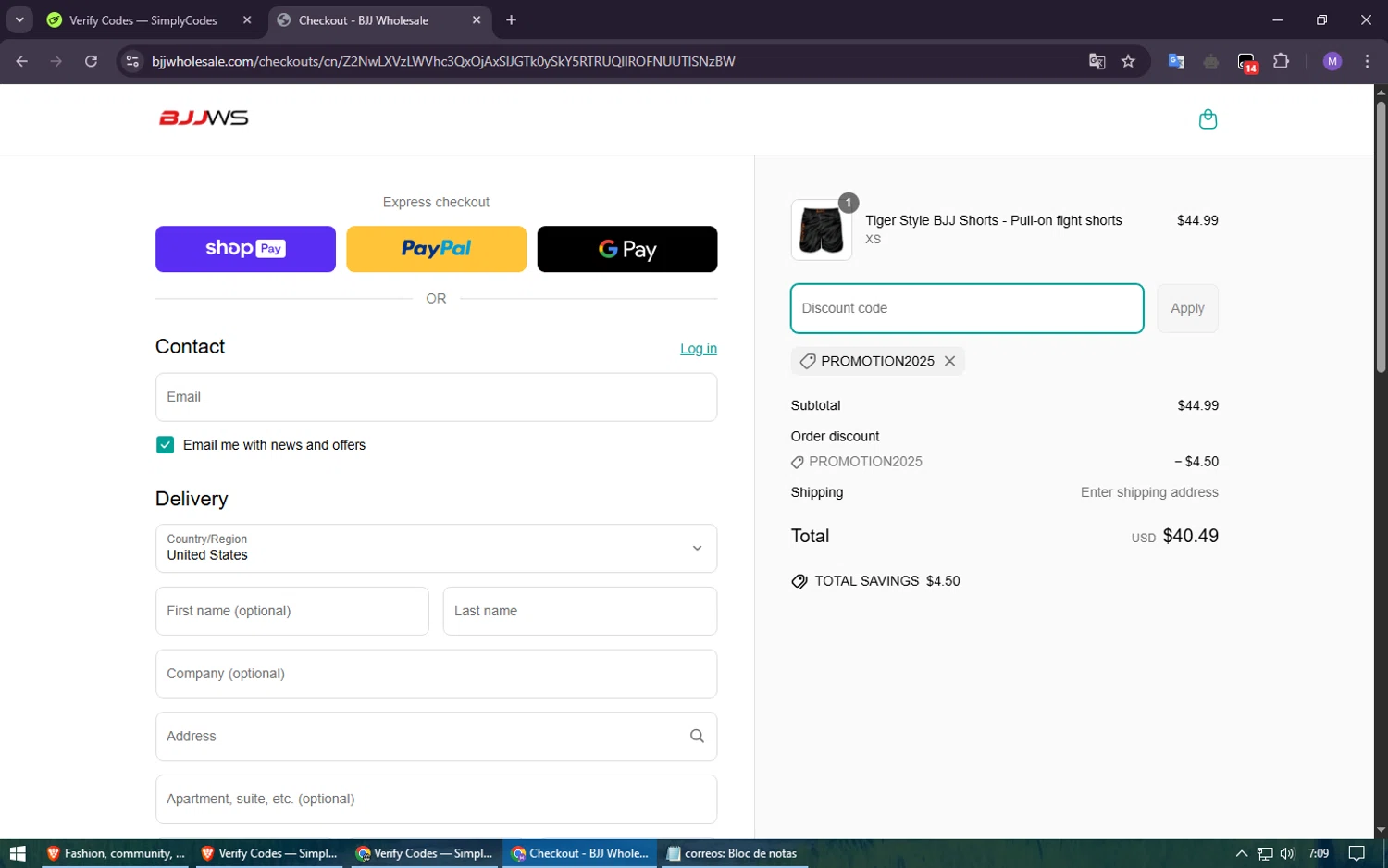BJJ Wholesale promo code screenshot showing code PROMOTION2025 applied at BJJ Wholesale checkout page. Uploaded by SimplyCodes community member usuario500 on Apr 10, 2025