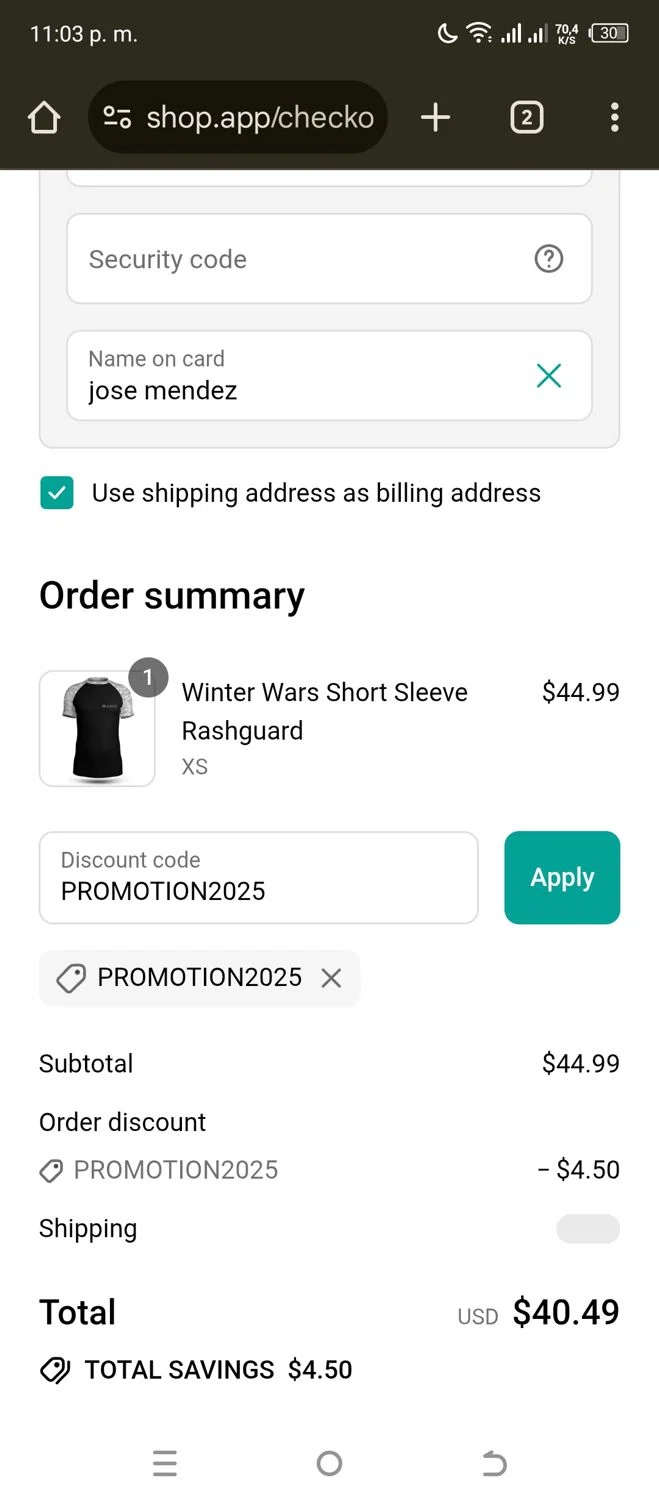 BJJ Wholesale promo code screenshot showing code PROMOTION2025 applied at BJJ Wholesale checkout page. Uploaded by SimplyCodes community member partenalgas on Jul 20, 2025