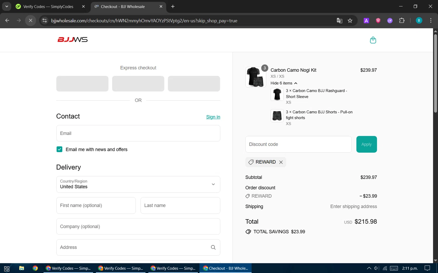 BJJ Wholesale promo code screenshot showing code REWARD applied at BJJ Wholesale checkout page. Uploaded by SimplyCodes community member CleverPilot5845 on Sep 9, 2025