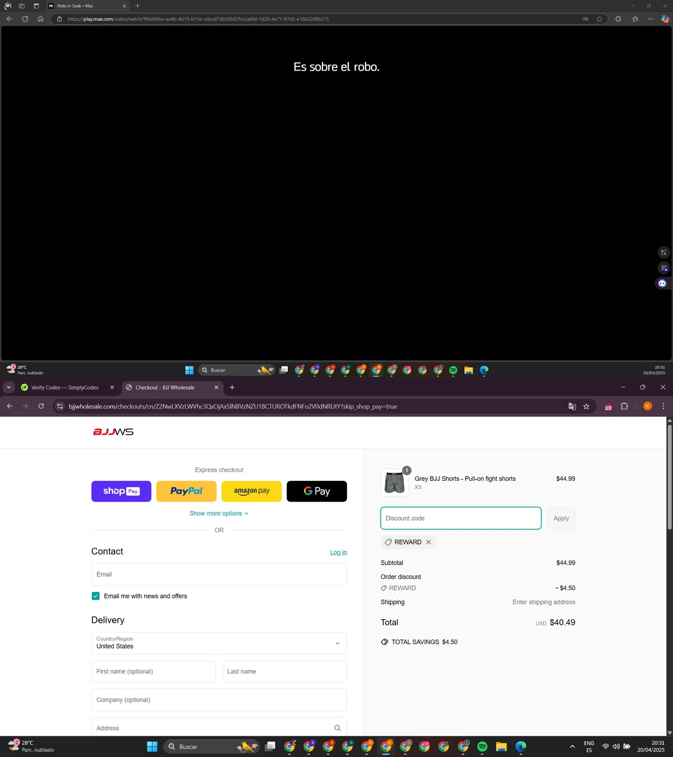 BJJ Wholesale promo code screenshot showing code REWARD applied at BJJ Wholesale checkout page. Uploaded by SimplyCodes community member davidsalazar on Apr 21, 2025
