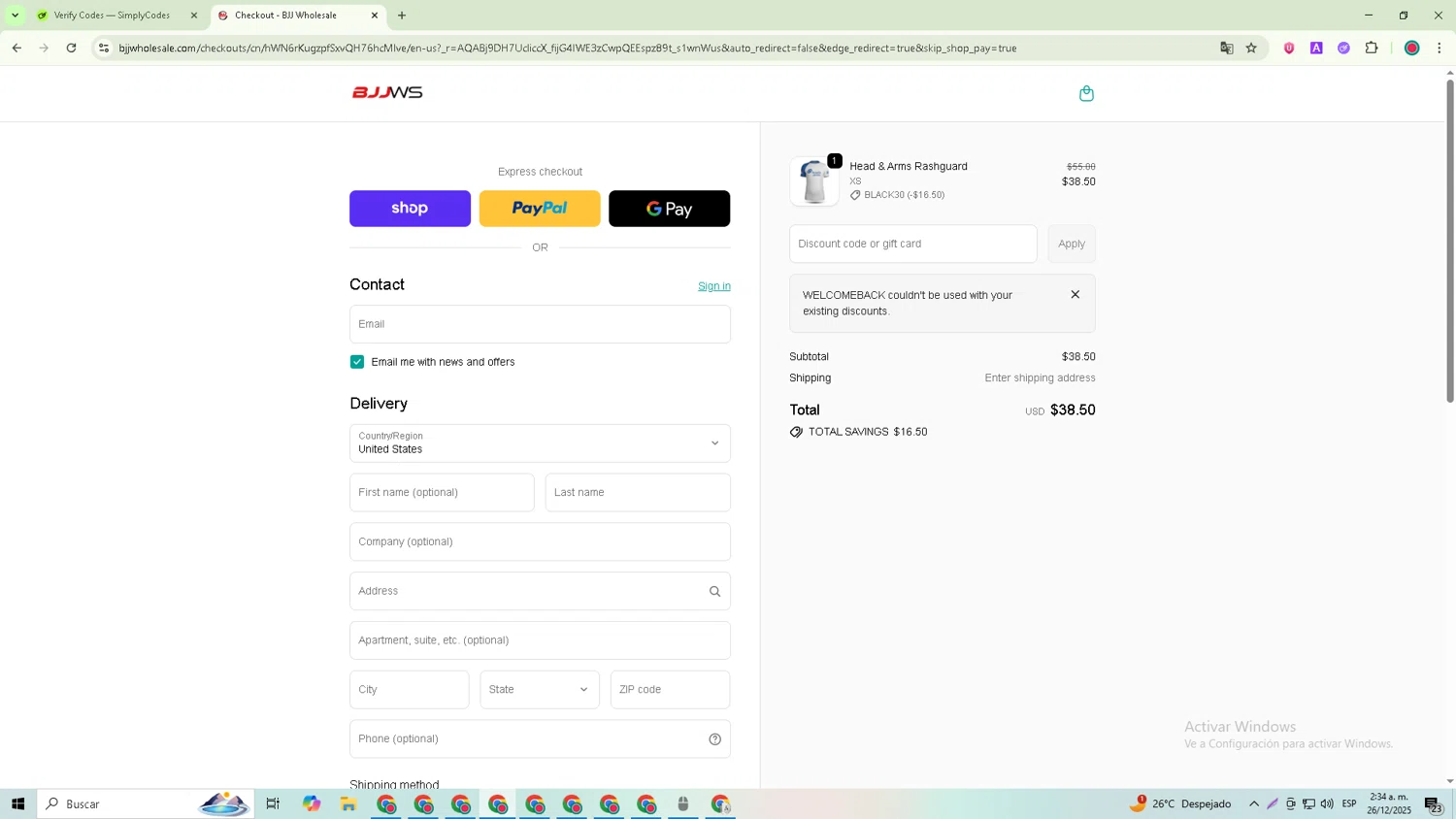 BJJ Wholesale promo code screenshot showing code WELCOMEBACK applied at BJJ Wholesale checkout page. Uploaded by SimplyCodes community member Joseph_Davis on Dec 26, 2025