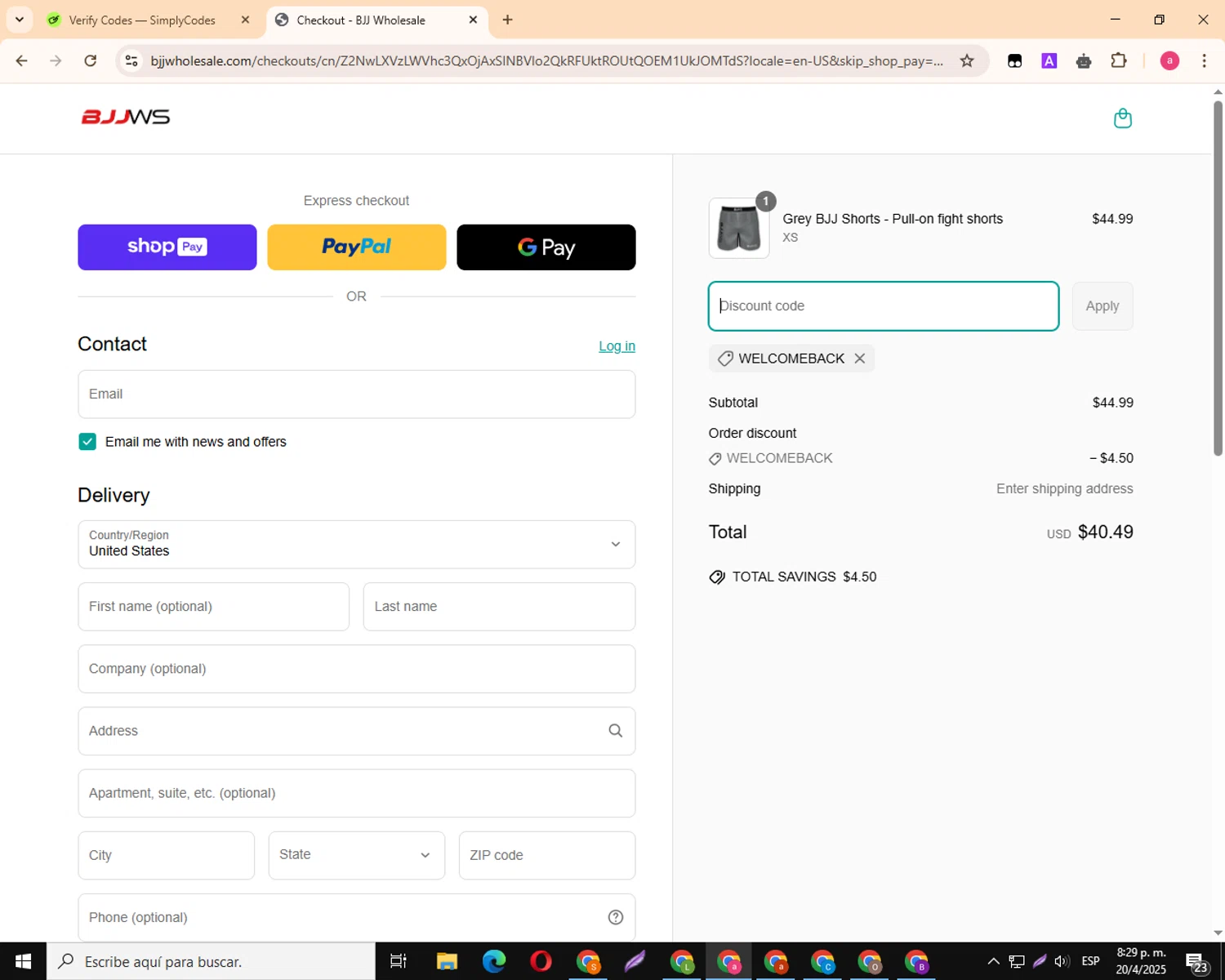BJJ Wholesale promo code screenshot showing code WELCOMEBACK applied at BJJ Wholesale checkout page. Uploaded by SimplyCodes community member MagnificentKnight3359 on Apr 21, 2025