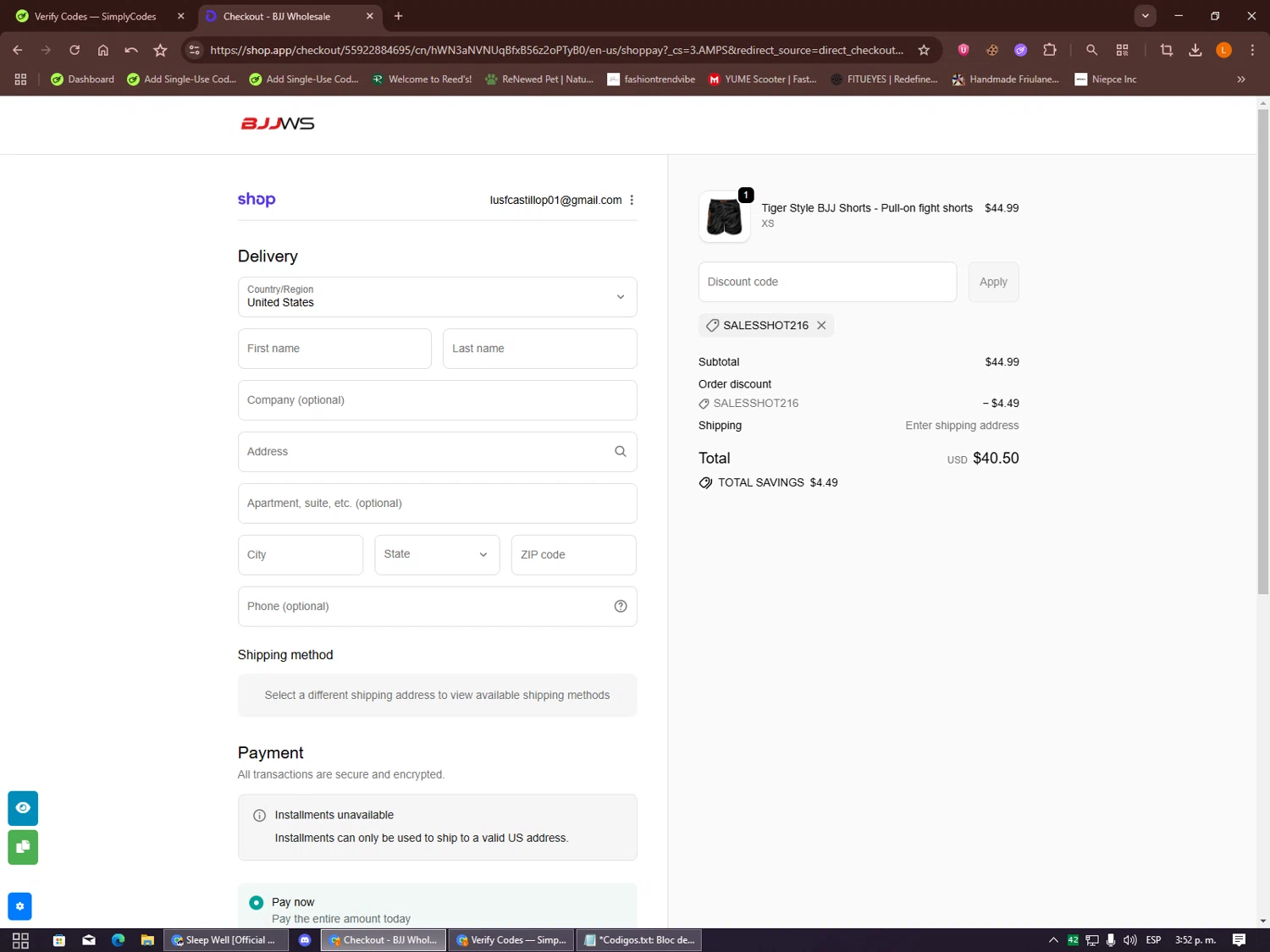 BJJ Wholesale promo code screenshot showing code SALESSHOT216 applied at BJJ Wholesale checkout page. Uploaded by SimplyCodes community member Alalee on Sep 30, 2025