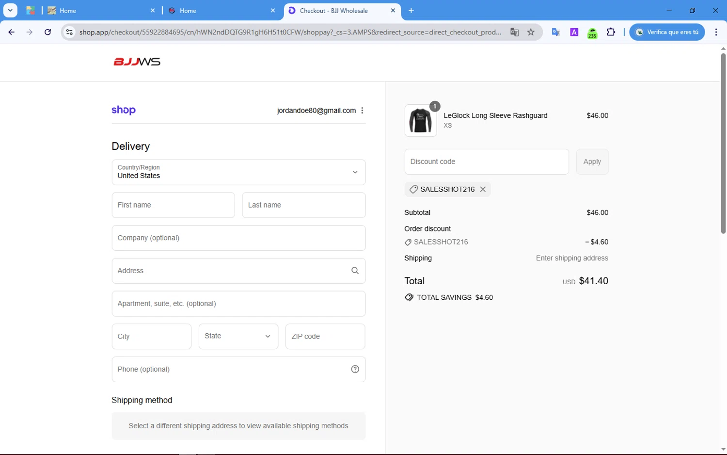 BJJ Wholesale promo code screenshot showing code SALESSHOT216 applied at BJJ Wholesale checkout page. Uploaded by SimplyCodes community member SilverSage4676 on Sep 10, 2025