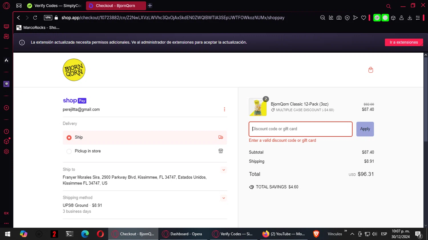 BjornQorn discount code screenshot showing code SNACKCLUB15 applied at BjornQorn checkout page. Uploaded by SimplyCodes community member ALCUPONE on Dec 31, 2024