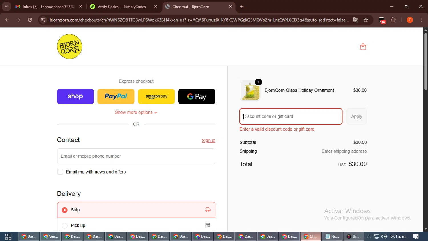 BjornQorn discount code screenshot showing code QORNFORTHEHOLIDAYS applied at BjornQorn checkout page. Uploaded by SimplyCodes community member DiscountWizard3787 on Dec 4, 2025