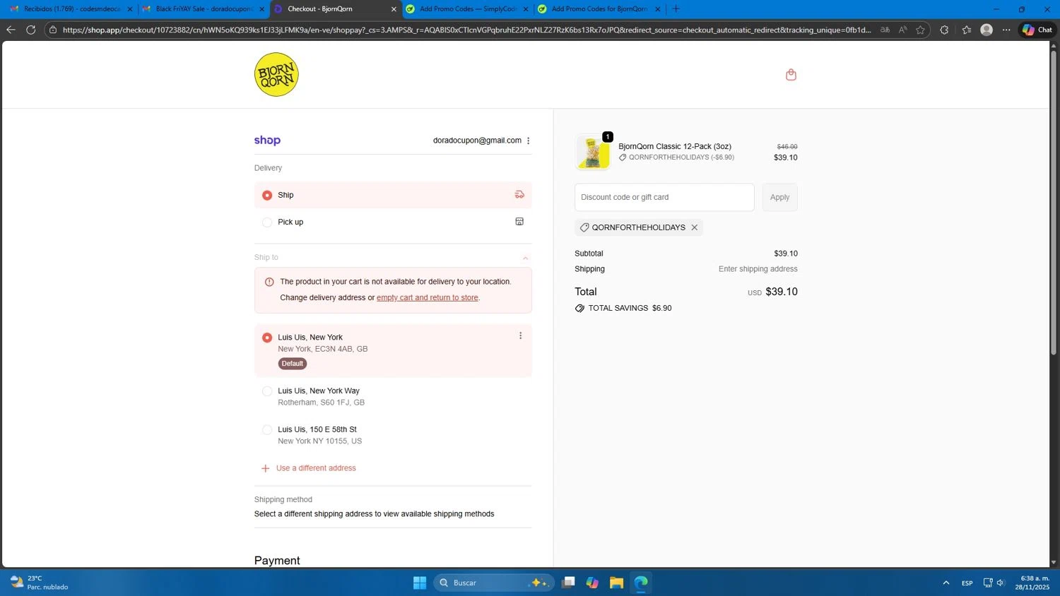 BjornQorn discount code screenshot showing code QORNFORTHEHOLIDAYS applied at BjornQorn checkout page. Uploaded by SimplyCodes community member Mdeoca on Nov 28, 2025