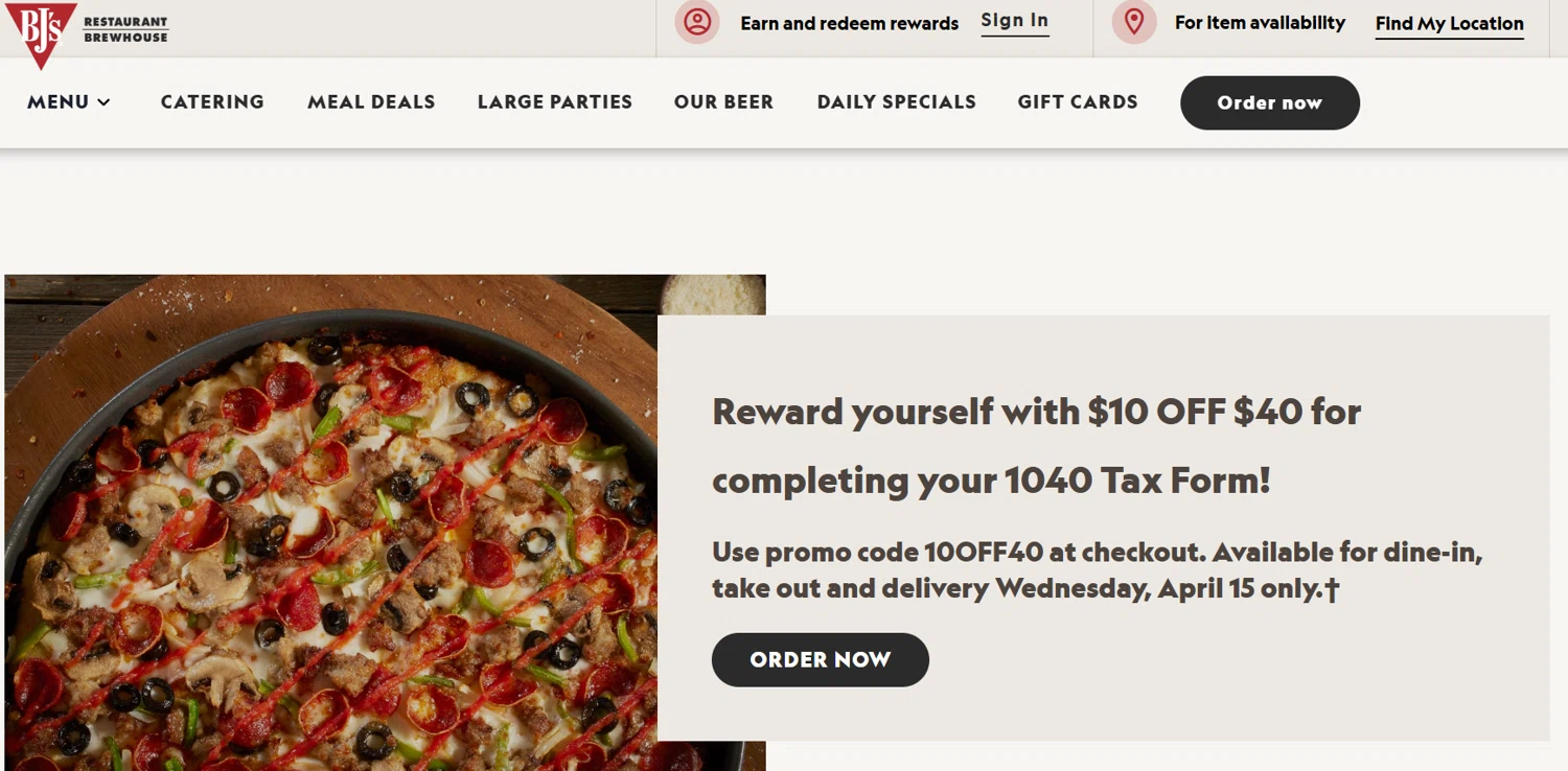 Verification screenshot for $10 Off Select Items (minimum Order $40) at BJ's Restaurant & Brewery — 54d ago