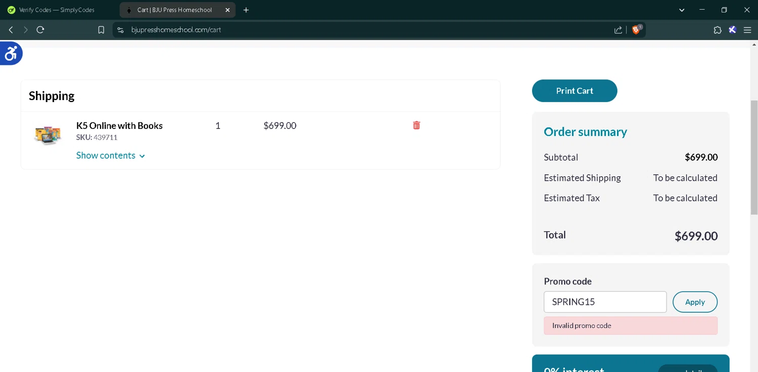 BJU Press Homeschool promo code screenshot showing code SPRING15 applied at BJU Press Homeschool checkout page. Uploaded by SimplyCodes community member RoyalMaverick7546 on Mar 31, 2025