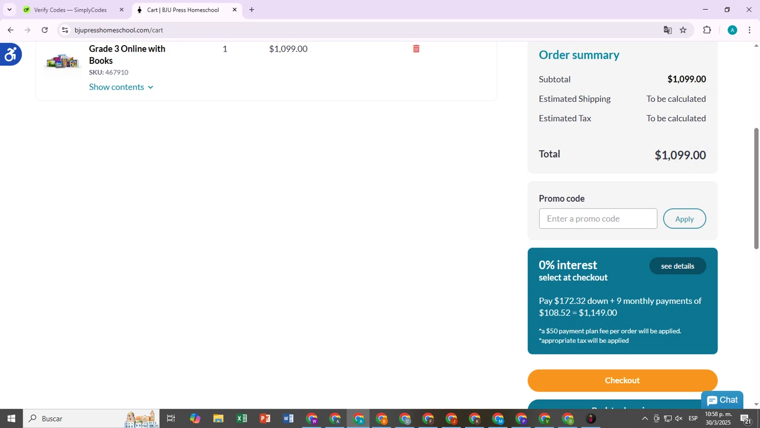 BJU Press Homeschool promo code screenshot showing code SPRING15 applied at BJU Press Homeschool checkout page. Uploaded by SimplyCodes community member DiscountVoyager9396 on Mar 31, 2025