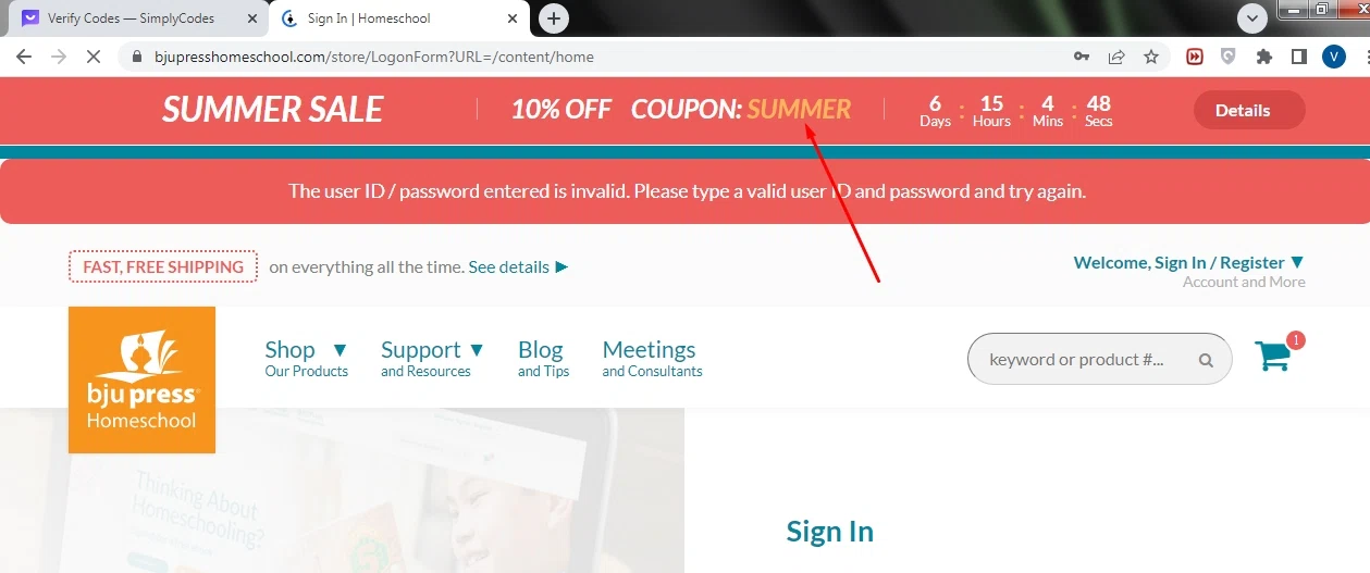 BJU Press Homeschool checkout page showing BJU Press Homeschool promo code box | Screenshot taken by SimplyCodes community member on May 31, 2023