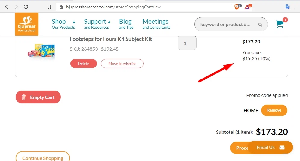 BJU Press Homeschool checkout page showing BJU Press Homeschool promo code box | Screenshot taken by SimplyCodes community member on Jul 31, 2020