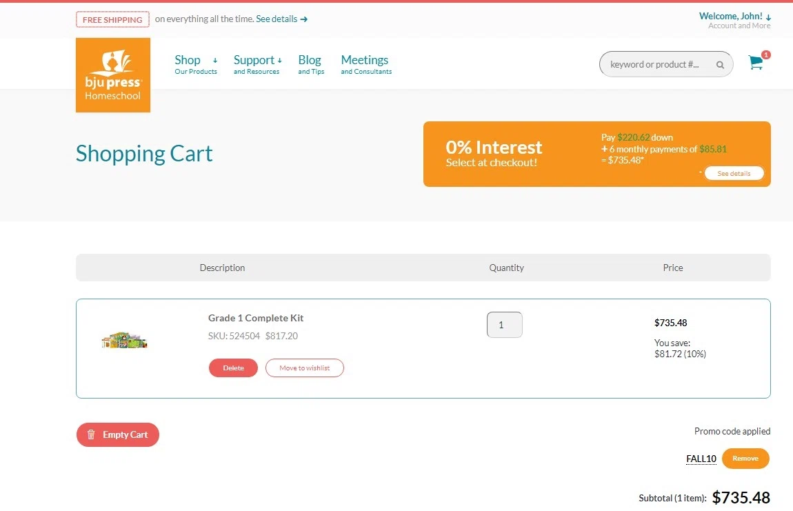 BJU Press Homeschool checkout page showing BJU Press Homeschool promo code box | Screenshot taken by SimplyCodes community member on Sep 30, 2020